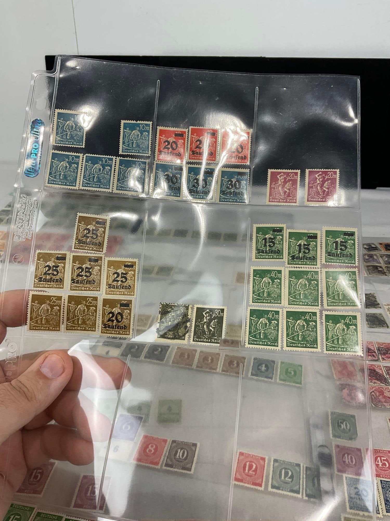 300+ Stamps, in binder pages, mostly German, Vintage/Antique 13h x 10w x 2d, Saufend, Marks & more - 11