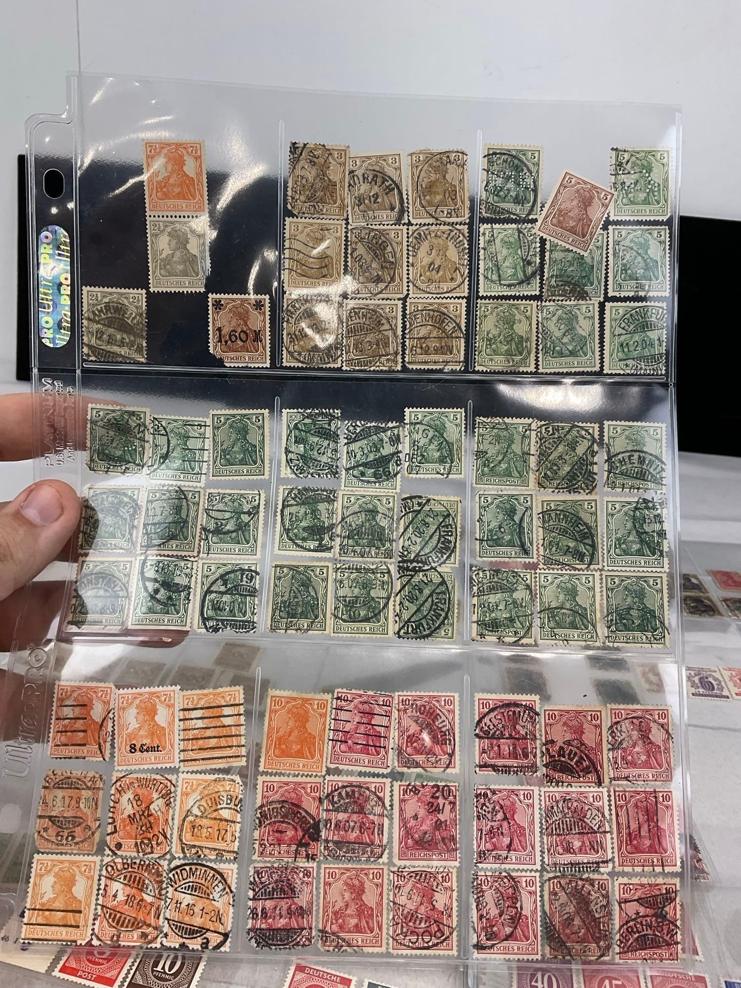 300+ Stamps, in binder pages, mostly German, Vintage/Antique 13h x 10w x 2d, Saufend, Marks & more - 12