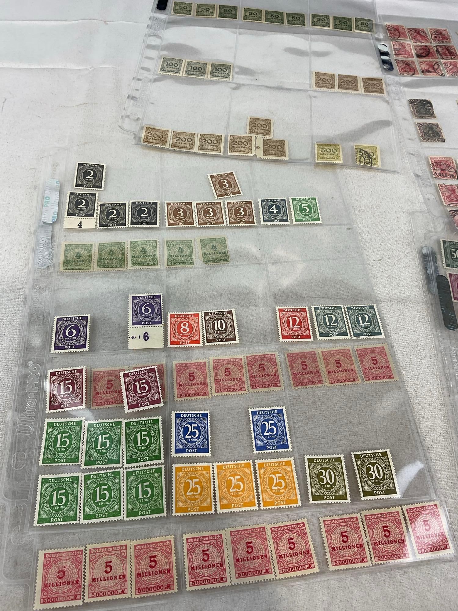 300+ Stamps, in binder pages, mostly German, Vintage/Antique 13h x 10w x 2d, Saufend, Marks & more - 13