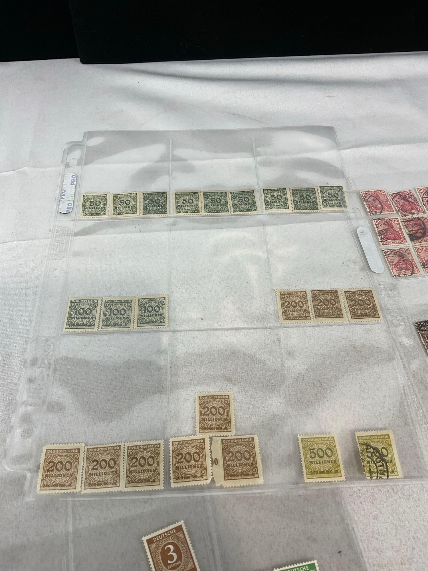 300+ Stamps, in binder pages, mostly German, Vintage/Antique 13h x 10w x 2d, Saufend, Marks & more - 14