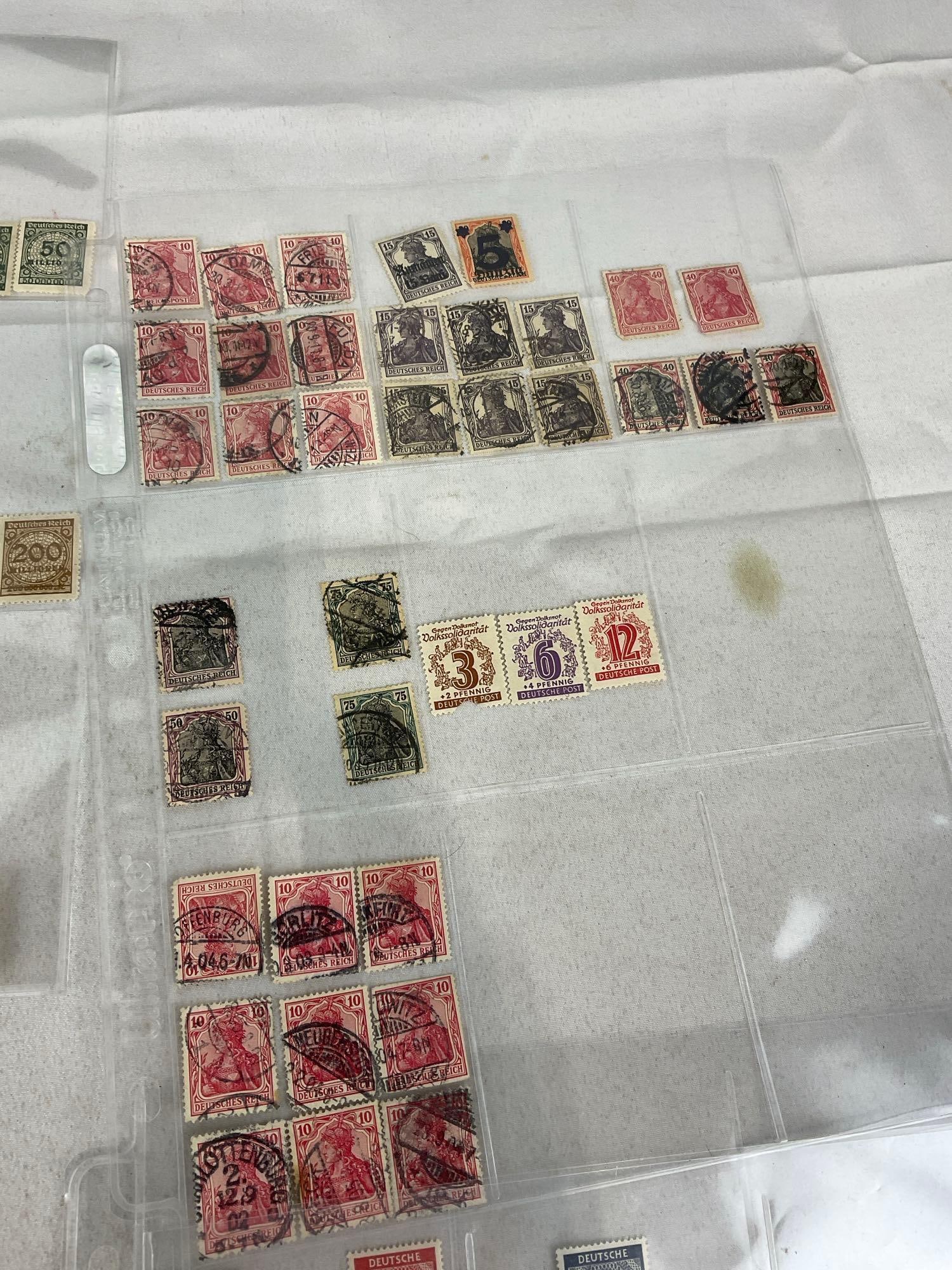 300+ Stamps, in binder pages, mostly German, Vintage/Antique 13h x 10w x 2d, Saufend, Marks & more - 16