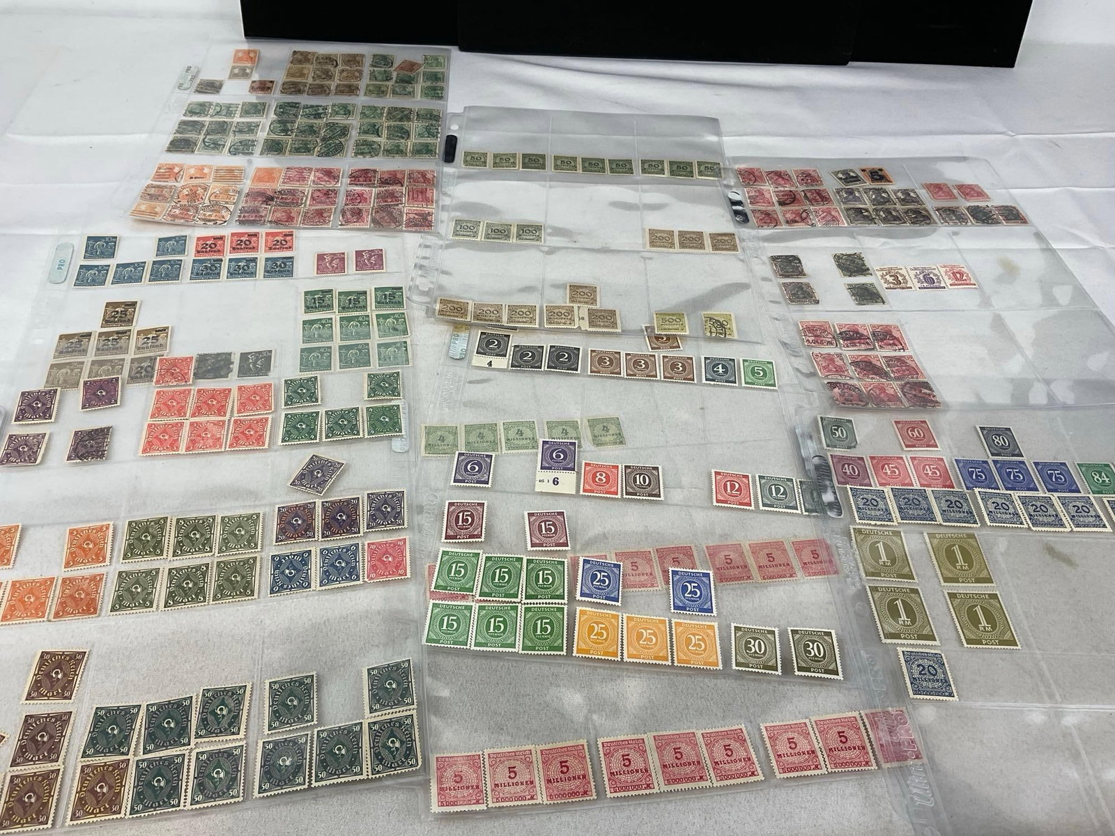 300+ Stamps, in binder pages, mostly German, Vintage/Antique 13h x 10w x 2d, Saufend, Marks & more - 9