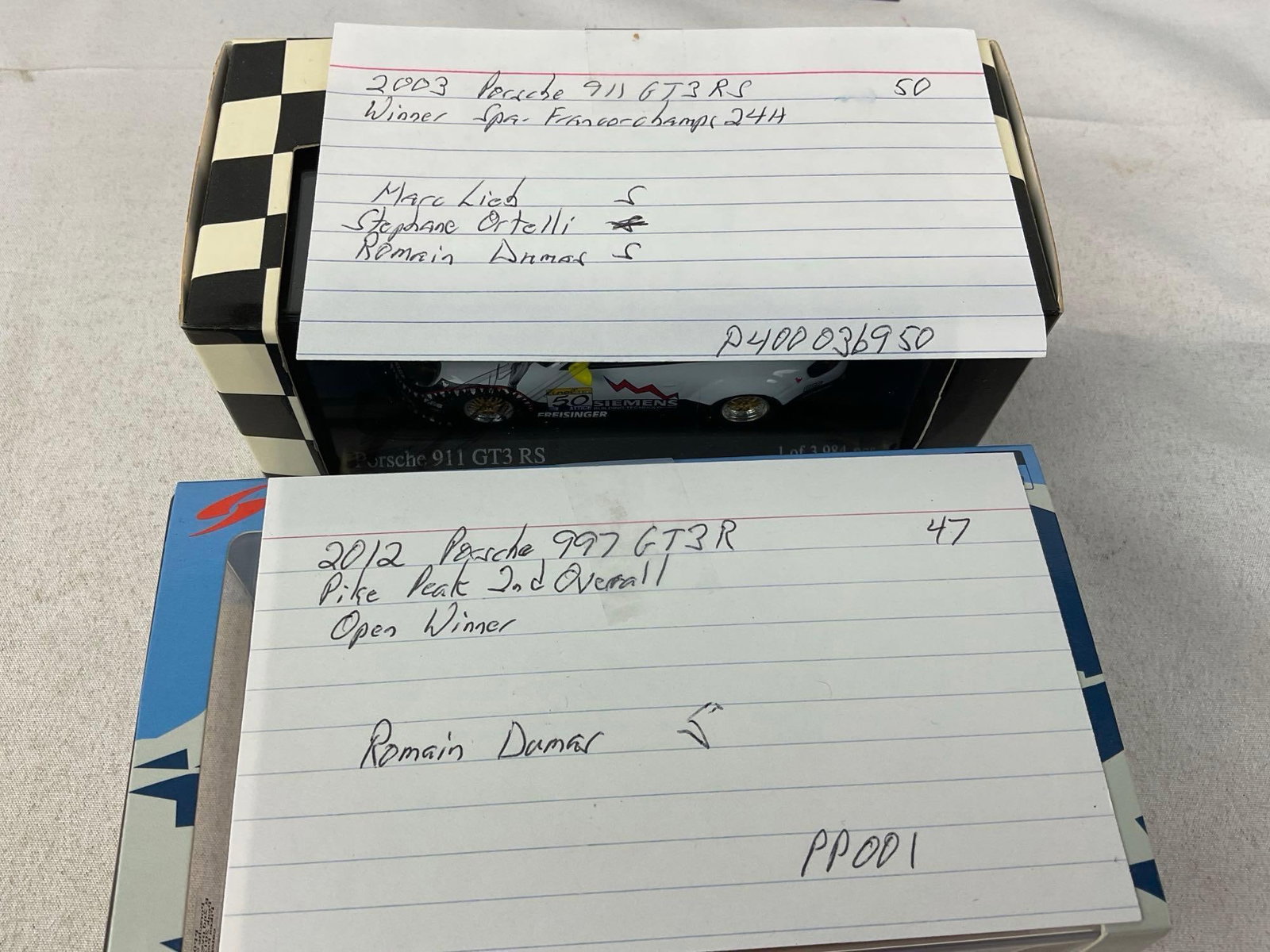 2 Signed 1/43 Scale Diecast Cars, Minichamps Porsche 911 GT3 RS 2003 & Spark Porsche 997 GT3 2012 - 10