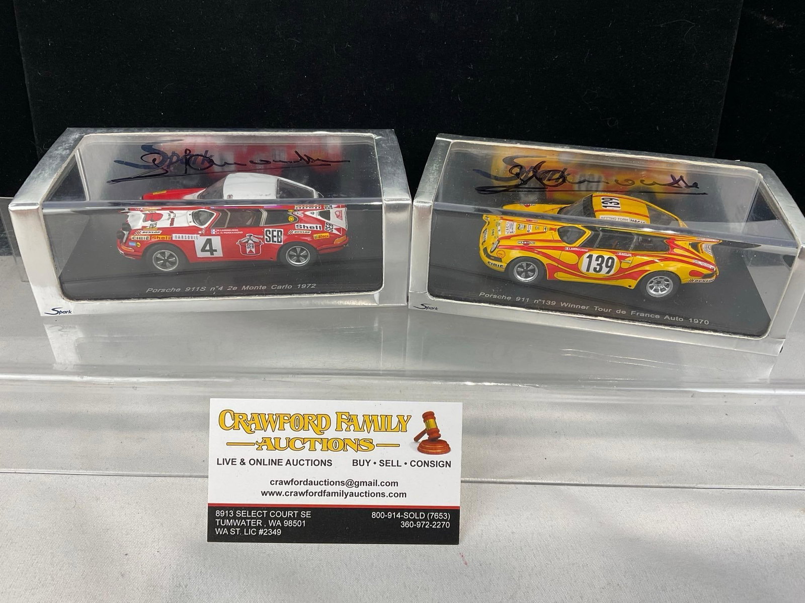 2 Spark 1/43 Scale Diecast Cars, Porsche 911, 1970 & 1972, both signed by Gerrard Larrousse: Both signed by Gerrard Larrousse. All comes from the same collection. Appears to be in good shape. The piece measures approx 5h x 7w x 4d inches. See pics. E-5420