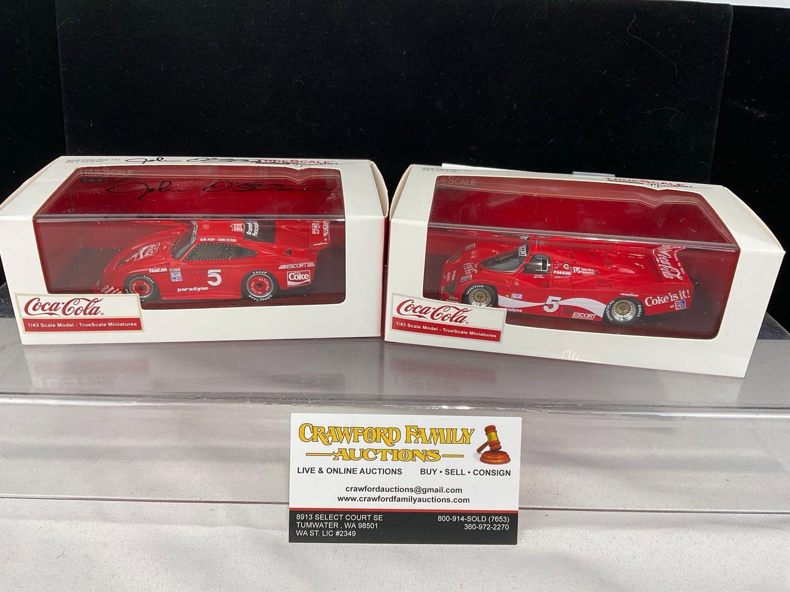 2 TrueScale Miniatures Coca-Cola 1/43 Scale Diecast Cars, 1 signed, 1984 Porsche 962 & 83 Fabcar ...: One piece is signed by driver John Osteen. All comes from the same collection. Appears to be in good shape. The piece measures approx 6h x 7w x 4d inches. See pics. E-5420