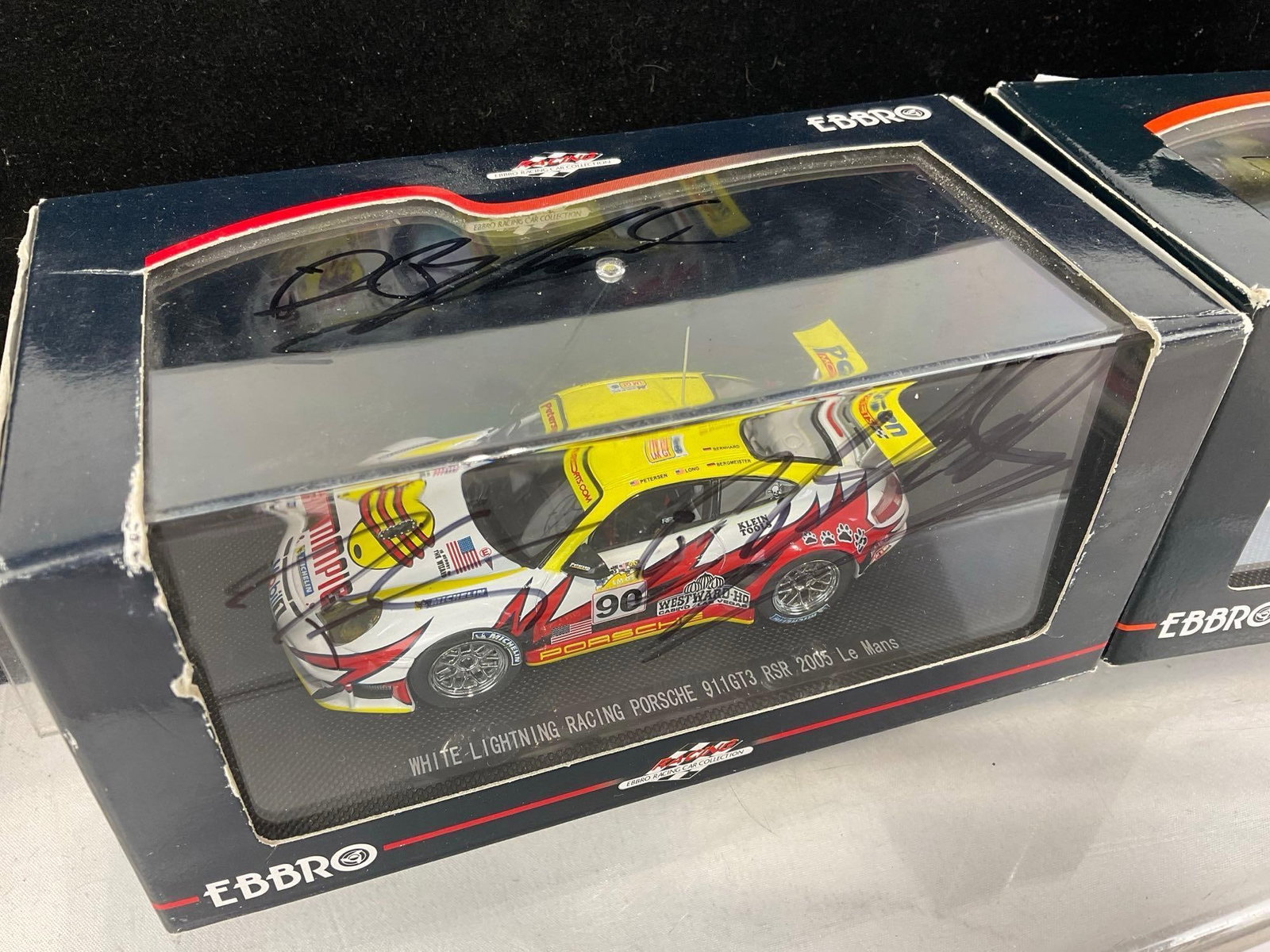 2 Porsche Ebbro 1/43 Scale Diecast Cars, 2004 911 GT3 RSP & 1969 917 Long Tail, signed by 5 drivers - 2