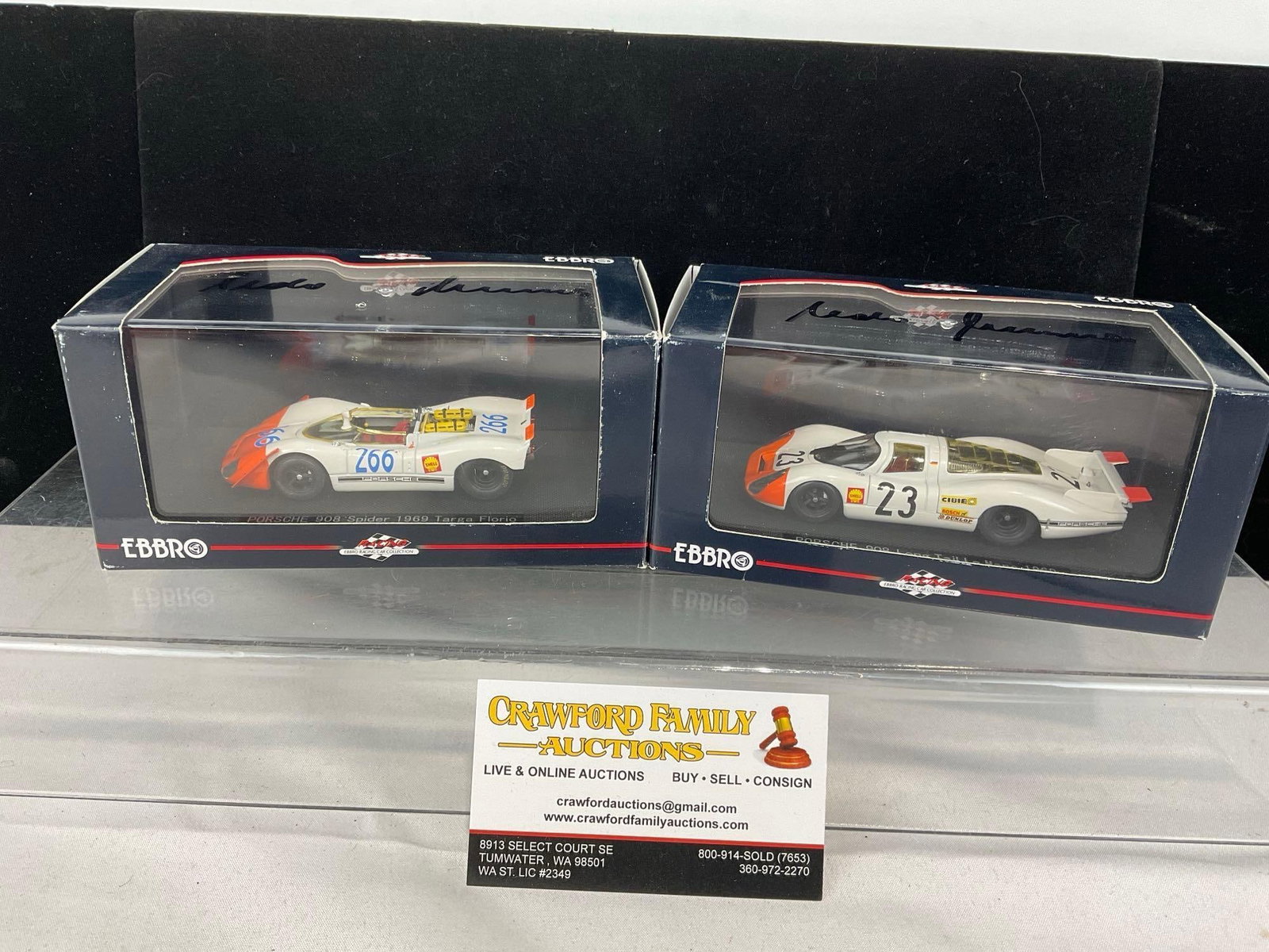 2 Ebbro Porsche 908 1/43 Scale Diecast Cars, Spider 1969 Targa Florio & Long Tail Le Mans #23: Both are signed by the driver. All comes from the same collection. Appears to be in good shape. The piece measures approx 6h x 7w x 4d inches. See pics. E-5420
