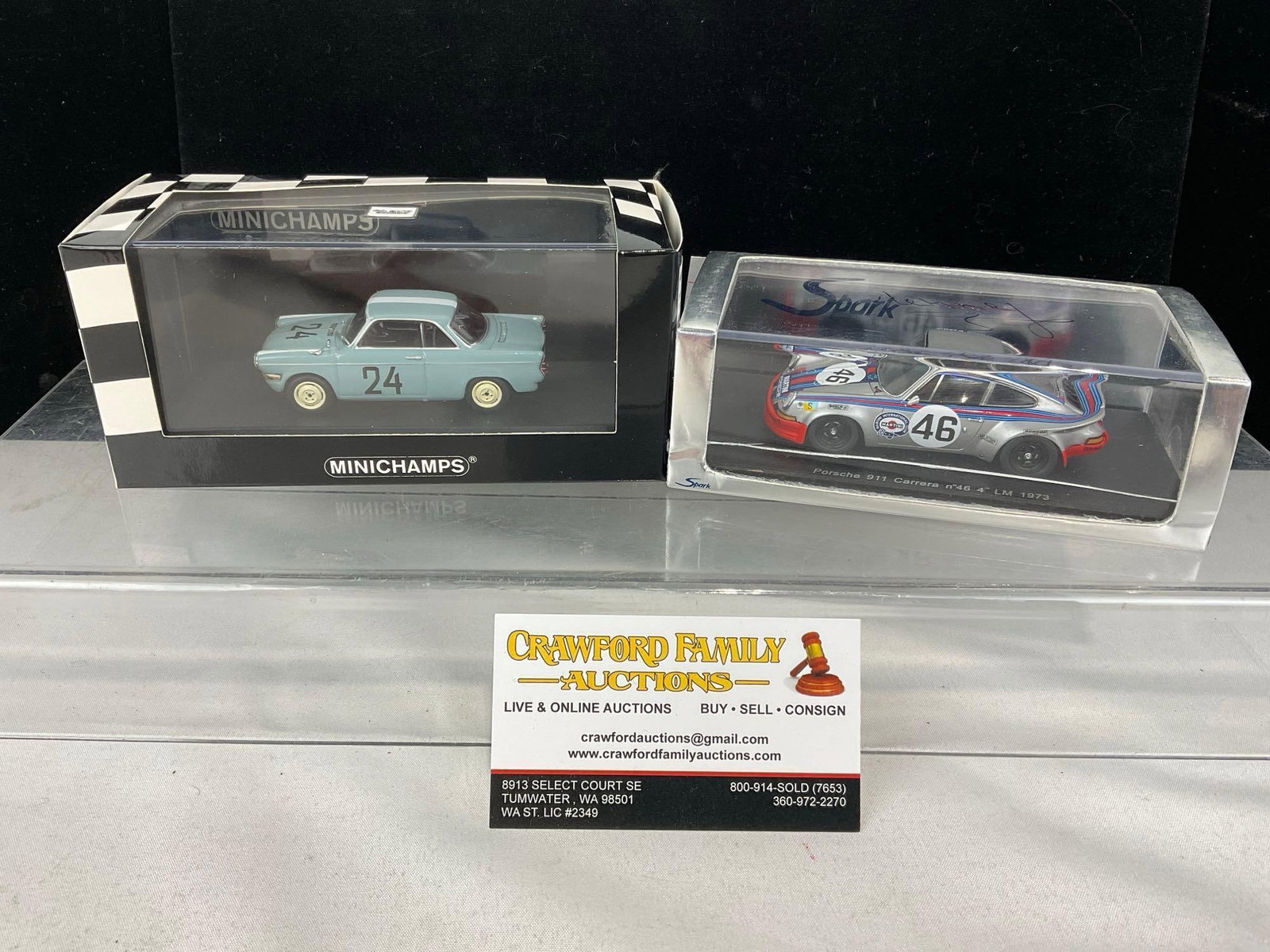 2 1/43 Scale Diecast Cars, 1973 Spark Porsche 911 Carrera & 1960 BMW 700 Coupe: All comes from the same collection. Appears to be in good shape. The piece measures approx 6h x 7w x 4d inches. See pics. E-5420