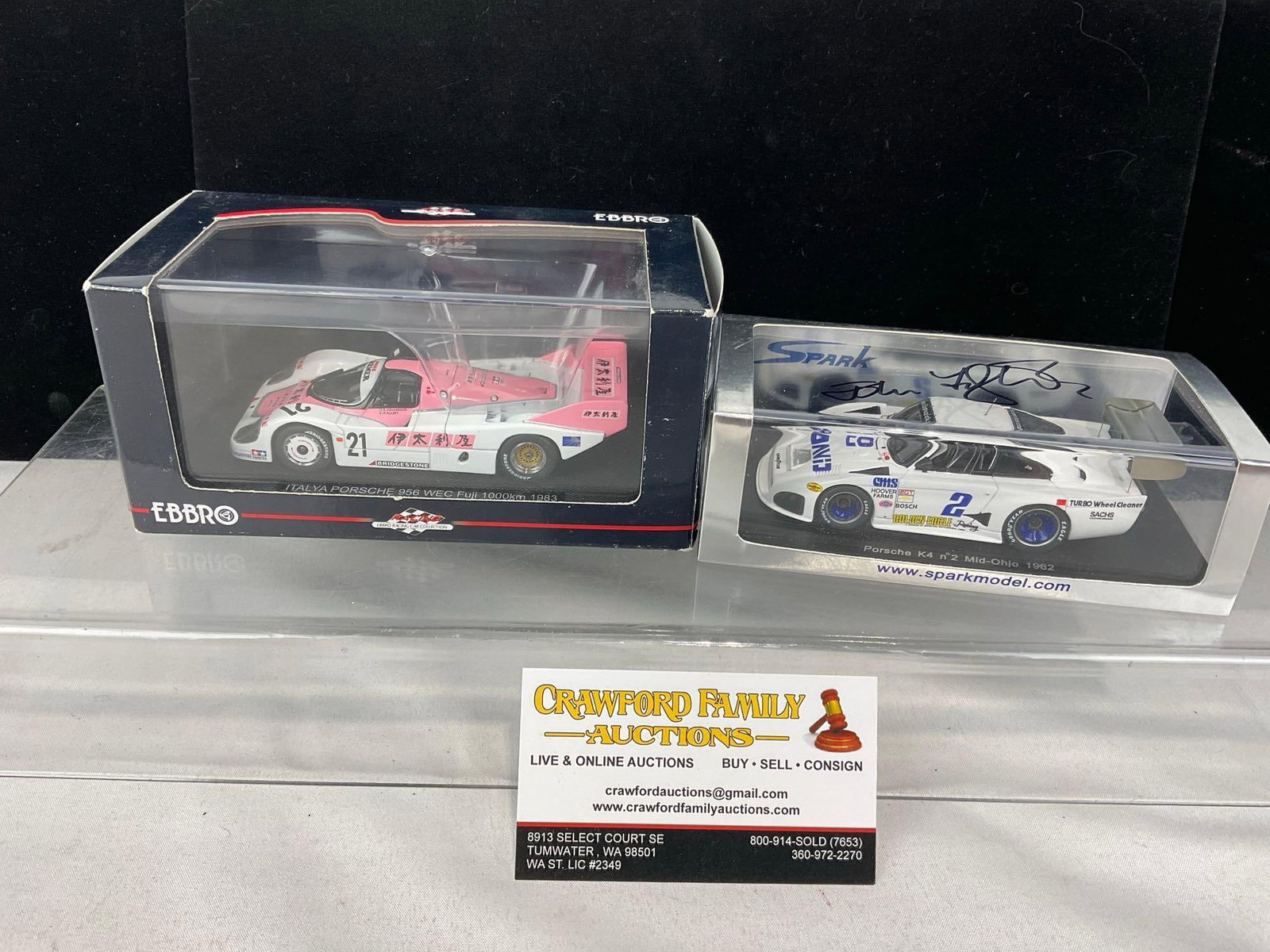 2 1/43 Scale Diecast Cars, Spark 1982 Porsche K4 signed by John Fitzpatrick & Ebbro 1983 Porsche ...: Signed by John Fitzpatrick. All comes from the same collection. Appears to be in good shape. The piece measures approx 6h x 7w x 4d inches. See pics. E-5420 
