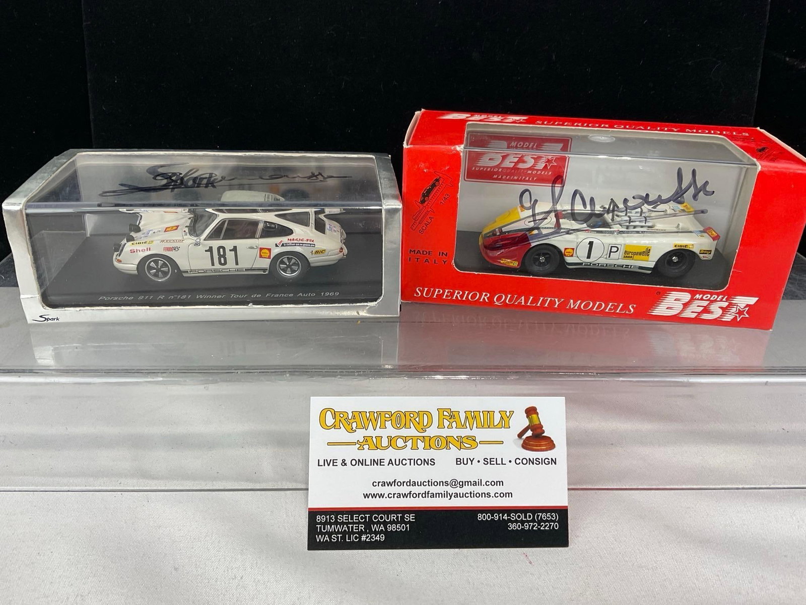 2 1/43 Scale Diecast Cars, Spark 1969 Porsche 911 & 1970 Porsche 908 Flunder, signed by G. Larrou...: Both pieces a signed by Gerrard Larrousse. All comes from the same collection. Appears to be in good shape. The piece measures approx 6h x 7w x 4d inches. See pics. E-5420