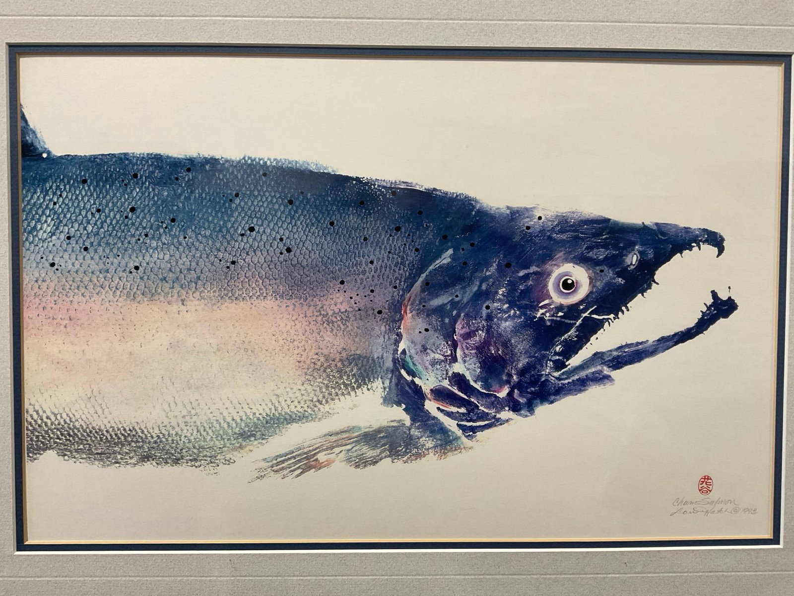 Framed Chum Salmon Gyotaku signed Print by Lori Hatch 1993, 19h x 25w x 3d inches: Appears to be in good shape. The piece measures approx 19h x 25w x 3d inches. See pics. E-5600 