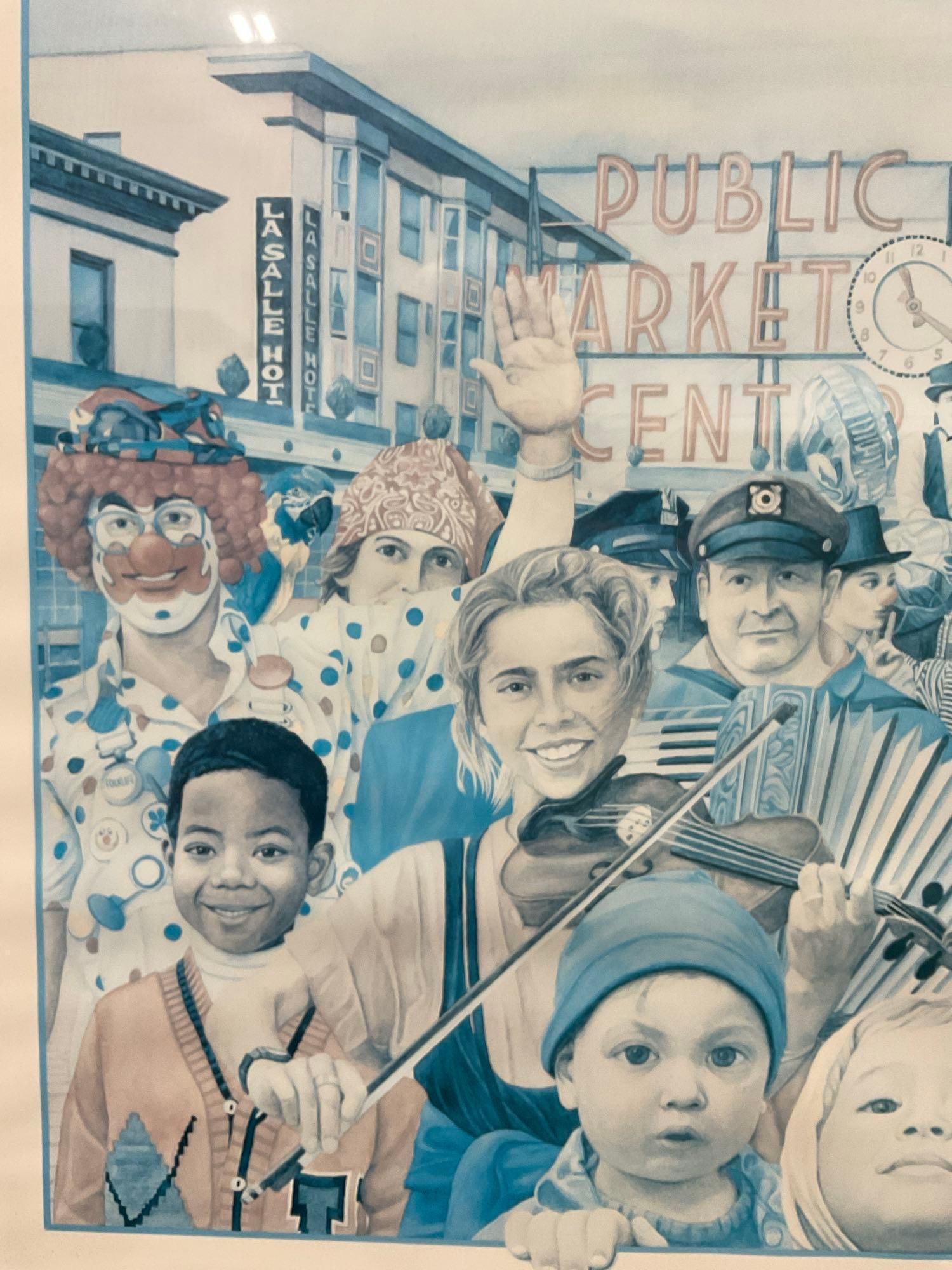 Framed Poster, A Kids Affair Seattles Public Market, artwork by Mark Smolen, 23h x 29w x 3d inches - 2