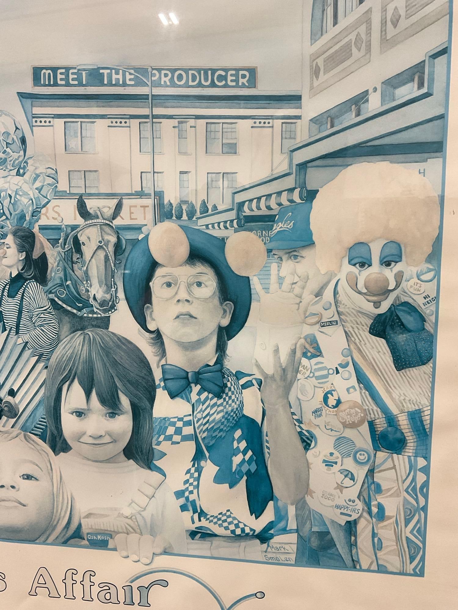 Framed Poster, A Kids Affair Seattles Public Market, artwork by Mark Smolen, 23h x 29w x 3d inches - 3