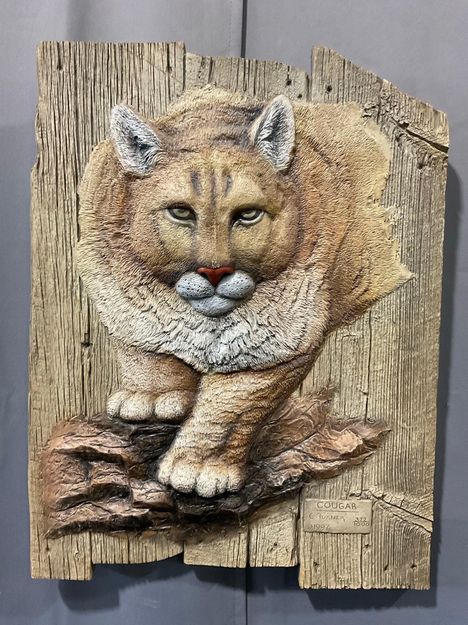 Resin 3d Art Wall Hanging signed & #d 372/1000 titled Cougar by G Turner, 1997, 25h x 19w x 4d inch: Appears to be in good shape. The piece measures approx 25h x 19w x 4d inches. See pics. E-5600 