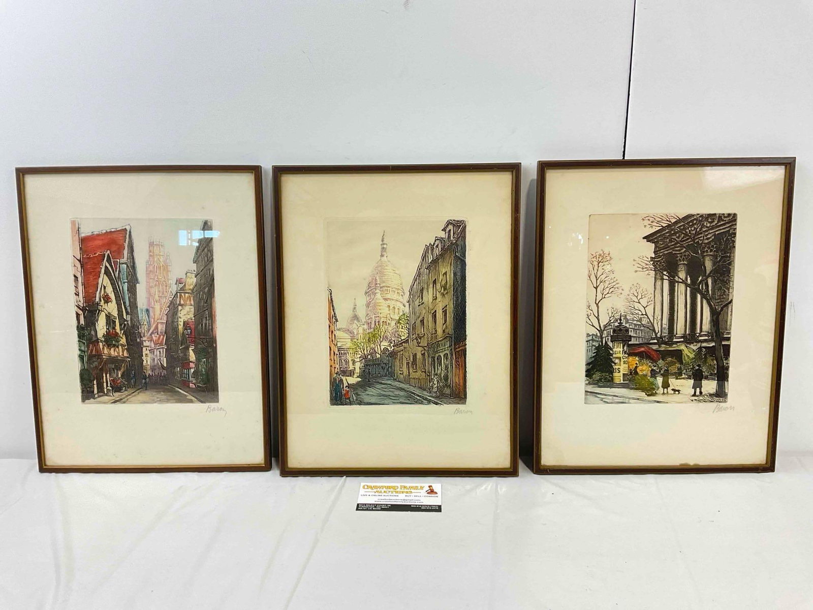 3 pcs Vintage Hand Colored Etchings of Paris, Signed by Artist Baron. Very Good Condition. (1 of 10)