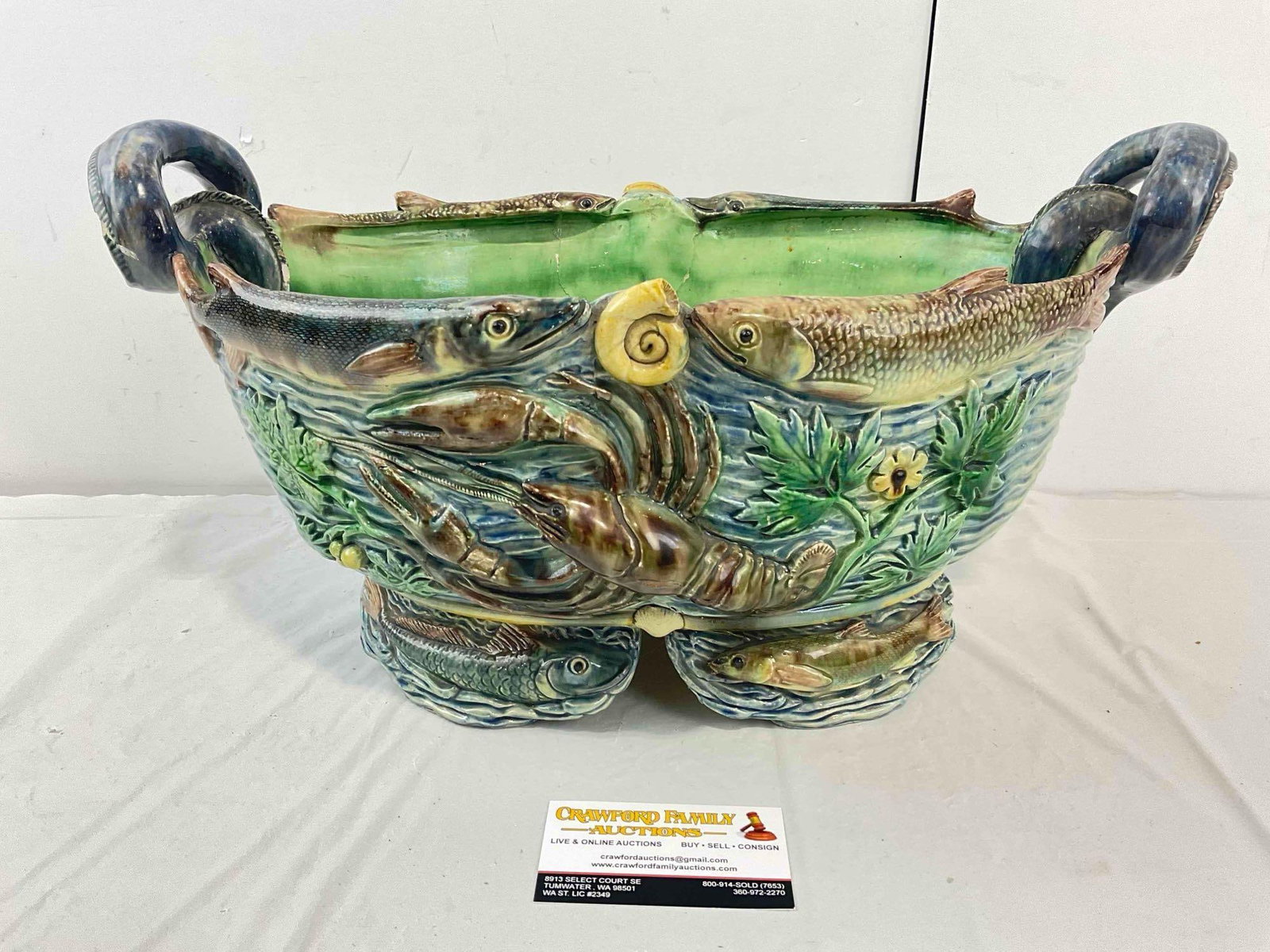 Incredible Antique French Palissy Style Magolica Pottery Jardiniere w/ Marine Life Details. Fair - 4
