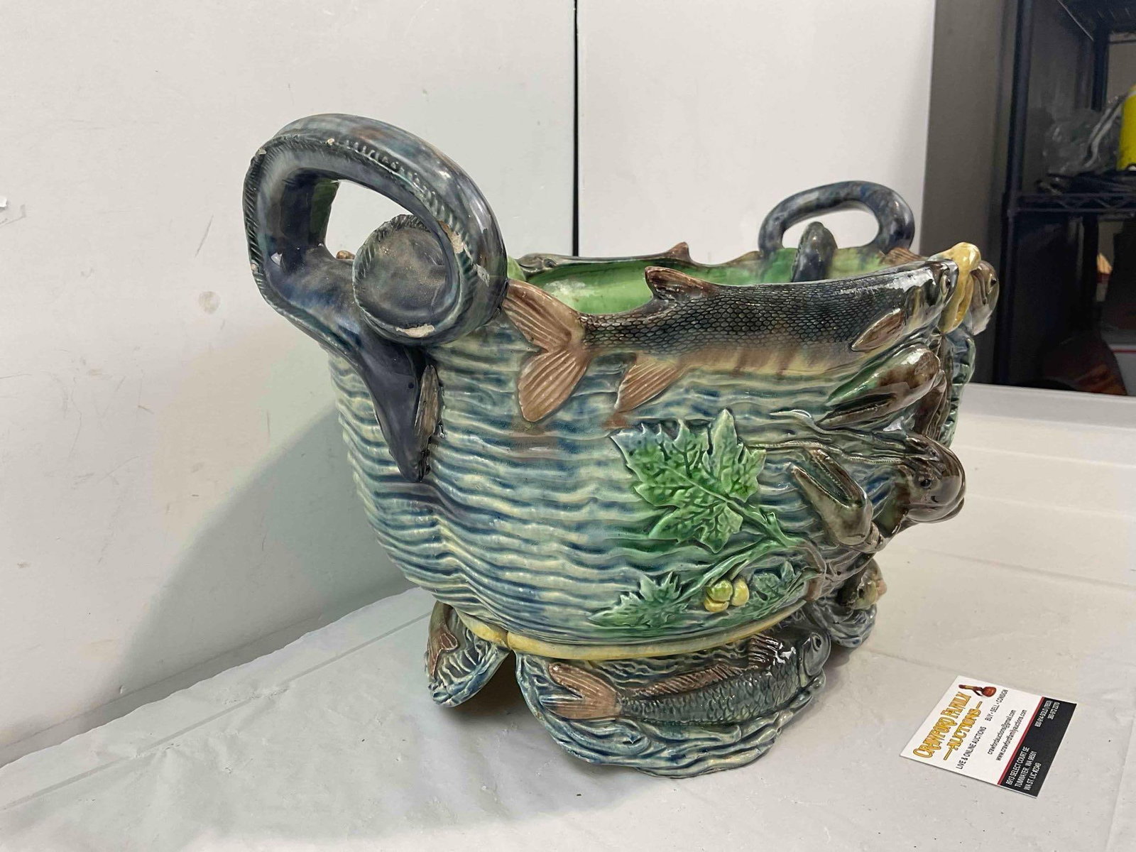 Incredible Antique French Palissy Style Magolica Pottery Jardiniere w/ Marine Life Details. Fair - 5