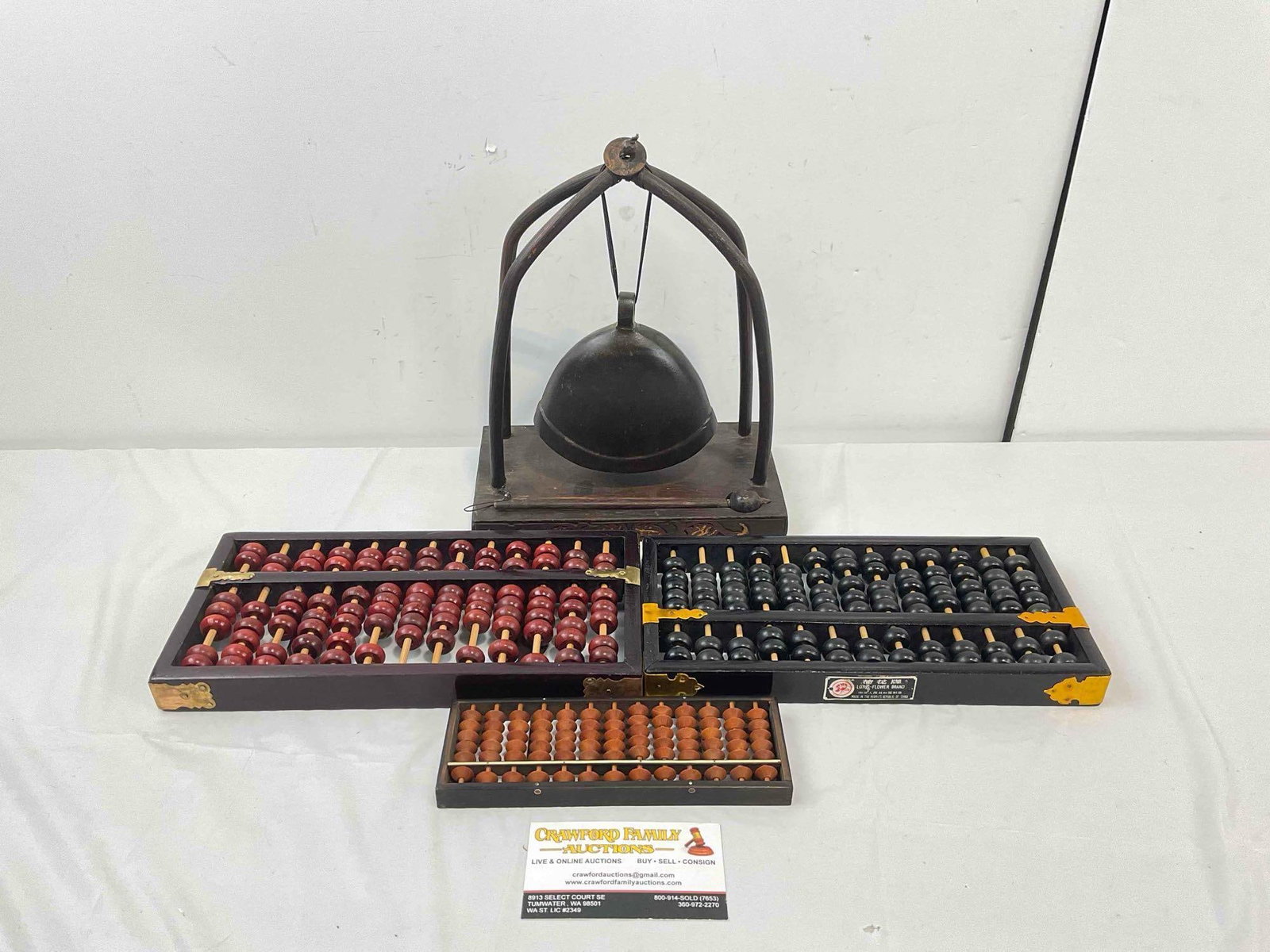 4 pcs Vintage Asian Collectibles, incl. 3x Abacus & 1x Hanging Bell. Excellent Condition. See pics. (1 of 8)