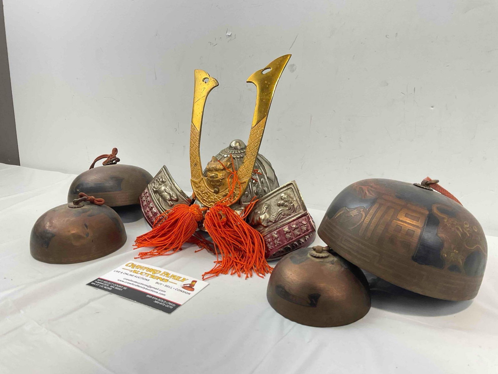 3 pcs Vintage Japanese Collectibles, incl. 2x Metal Bells & 1x Mini Samurai Helmet. Very Good Cond. - 2