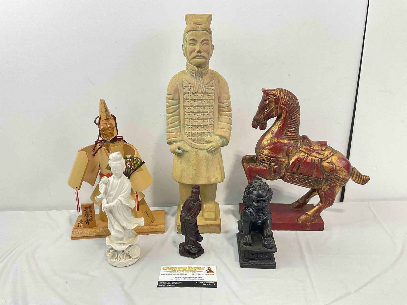 6 pcs Asian Collectible Statuettes, incl. Red Horse, Bamboo Priest, Ceramic Goddess & More. (1 of 7)