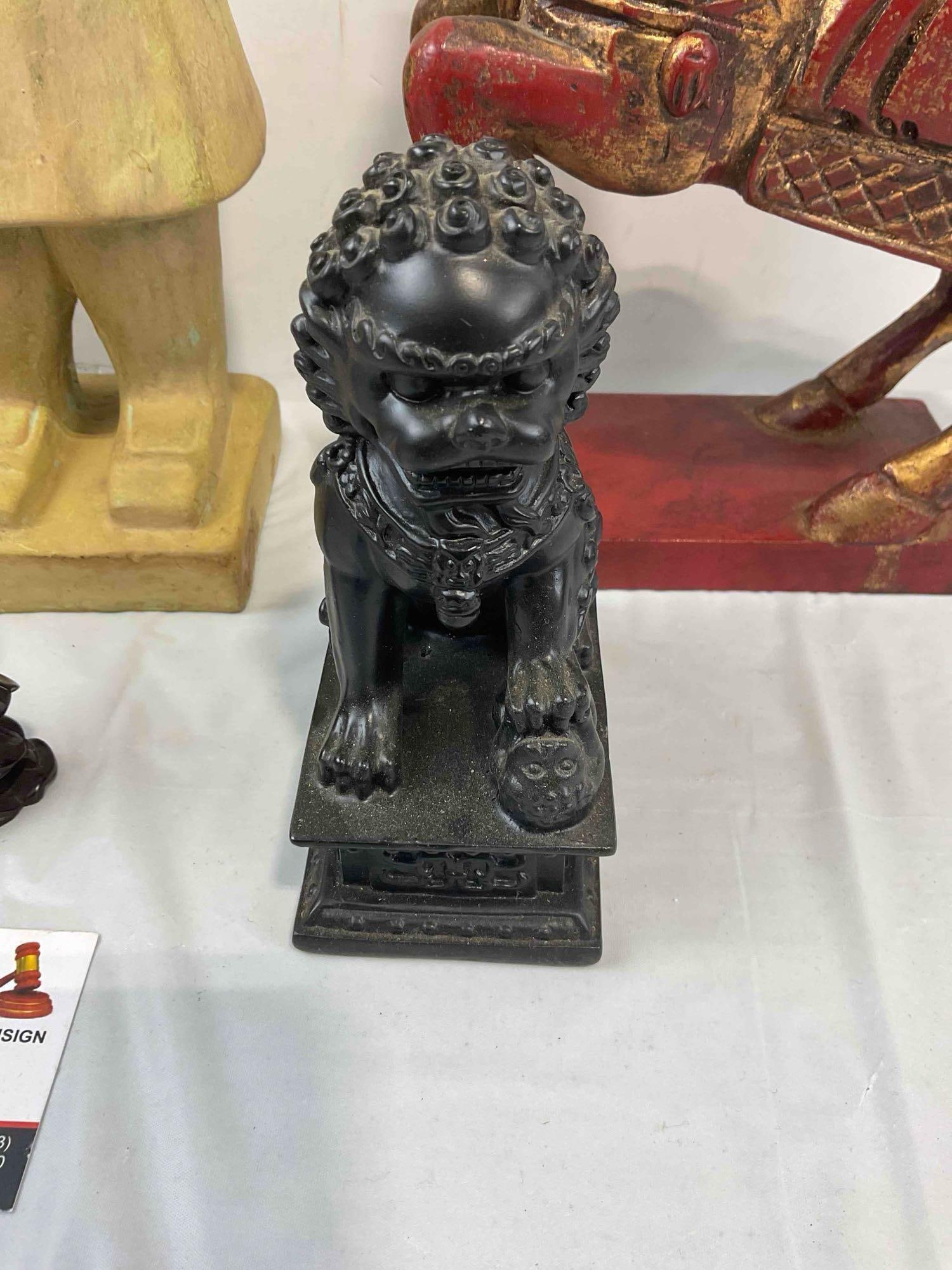 6 pcs Asian Collectible Statuettes, incl. Red Horse, Bamboo Priest, Ceramic Goddess & More. - 6