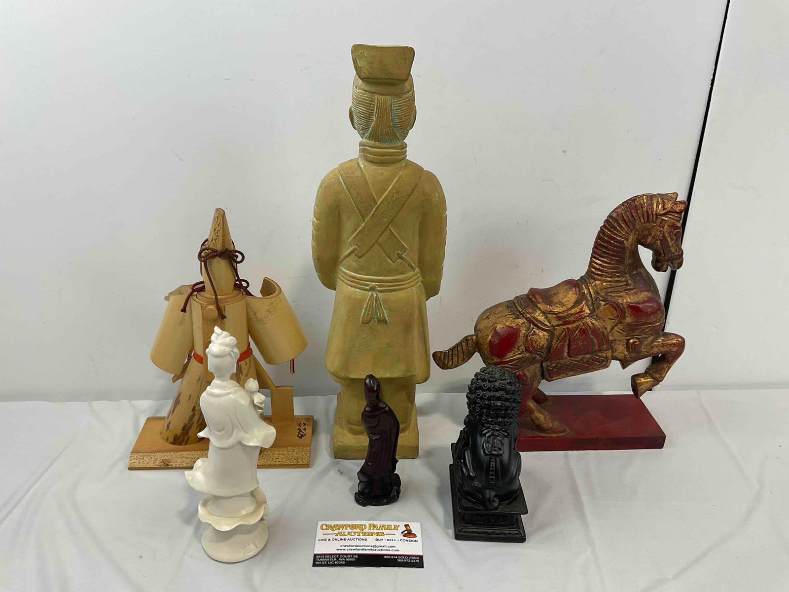 6 pcs Asian Collectible Statuettes, incl. Red Horse, Bamboo Priest, Ceramic Goddess & More. - 7