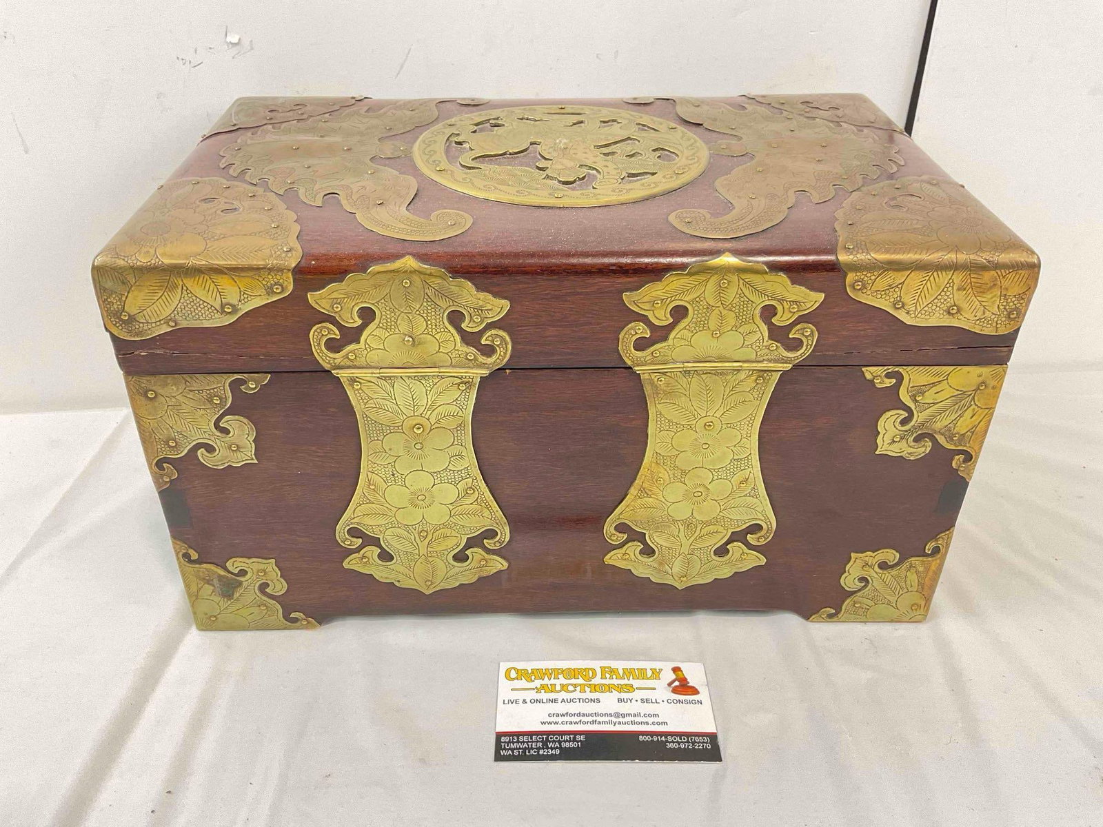 Vintage Asian Rosewood Box w/ Lovely Brass Details incl. Bats & Lord w/ Beast. Excellent Cond. - 8