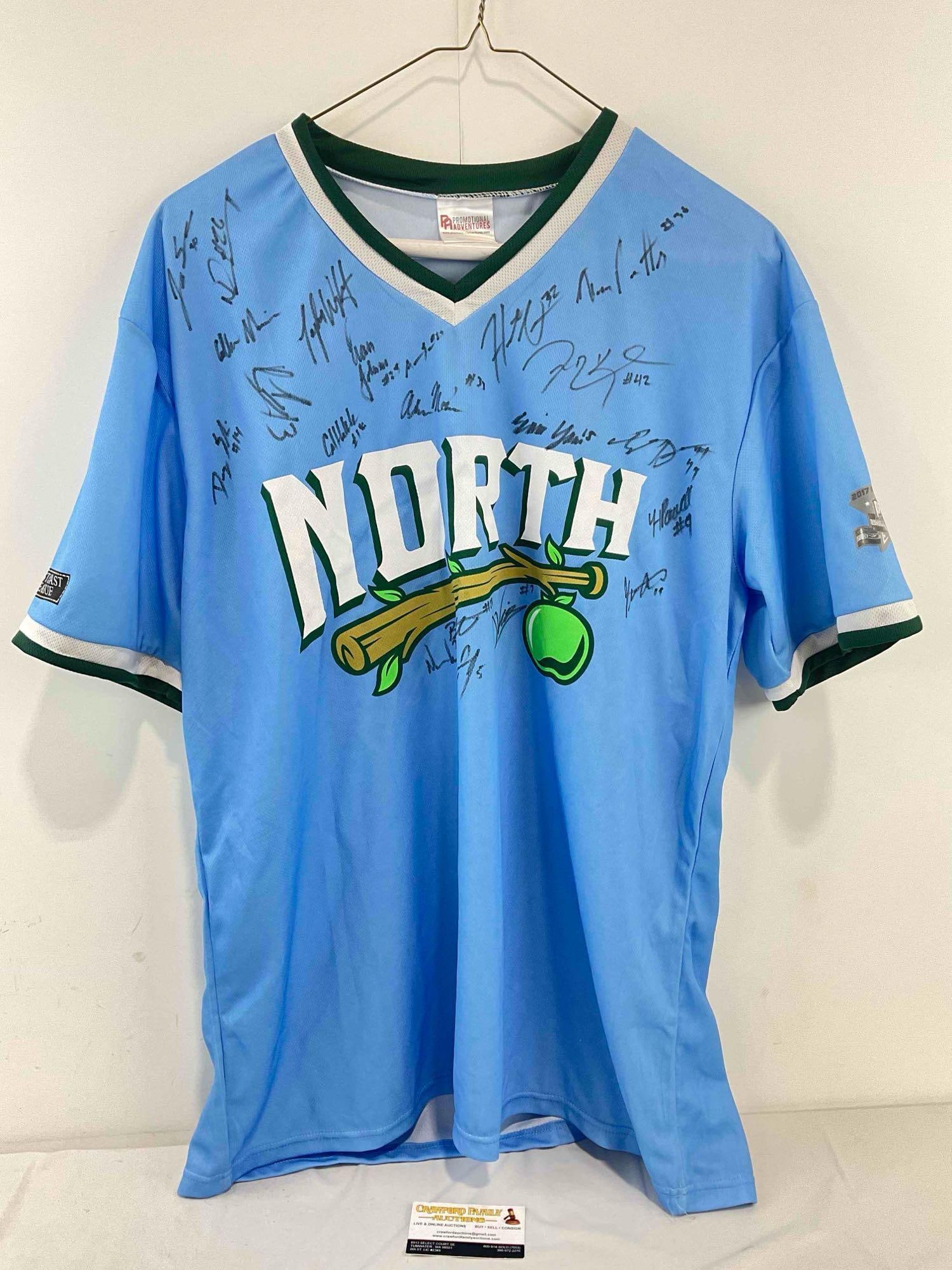 Yakima Valley Pippins 2017 All Star Game Baseball Jersey Signed By Players, Size 2XL.: Yakima Valley Pippins 2017 All Star Game Baseball Jersey Signed By Players, Size 2XL. Promotional Adventures brand, West Coast League. "North" team. Size Adult 2XL. Measures 20" x 32" DM-5570 