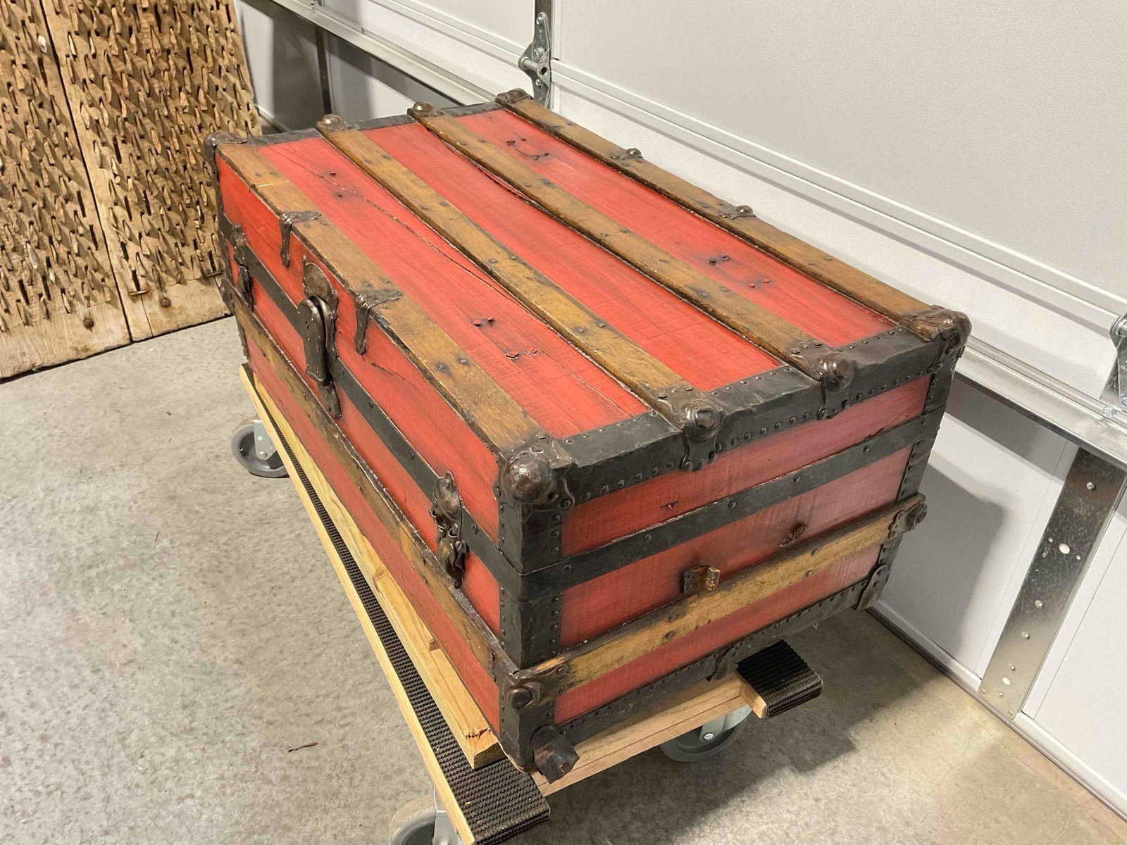 Antique Red Painted Wooden Steamer Trunk Chest. As Is Condition. See pics. - 2