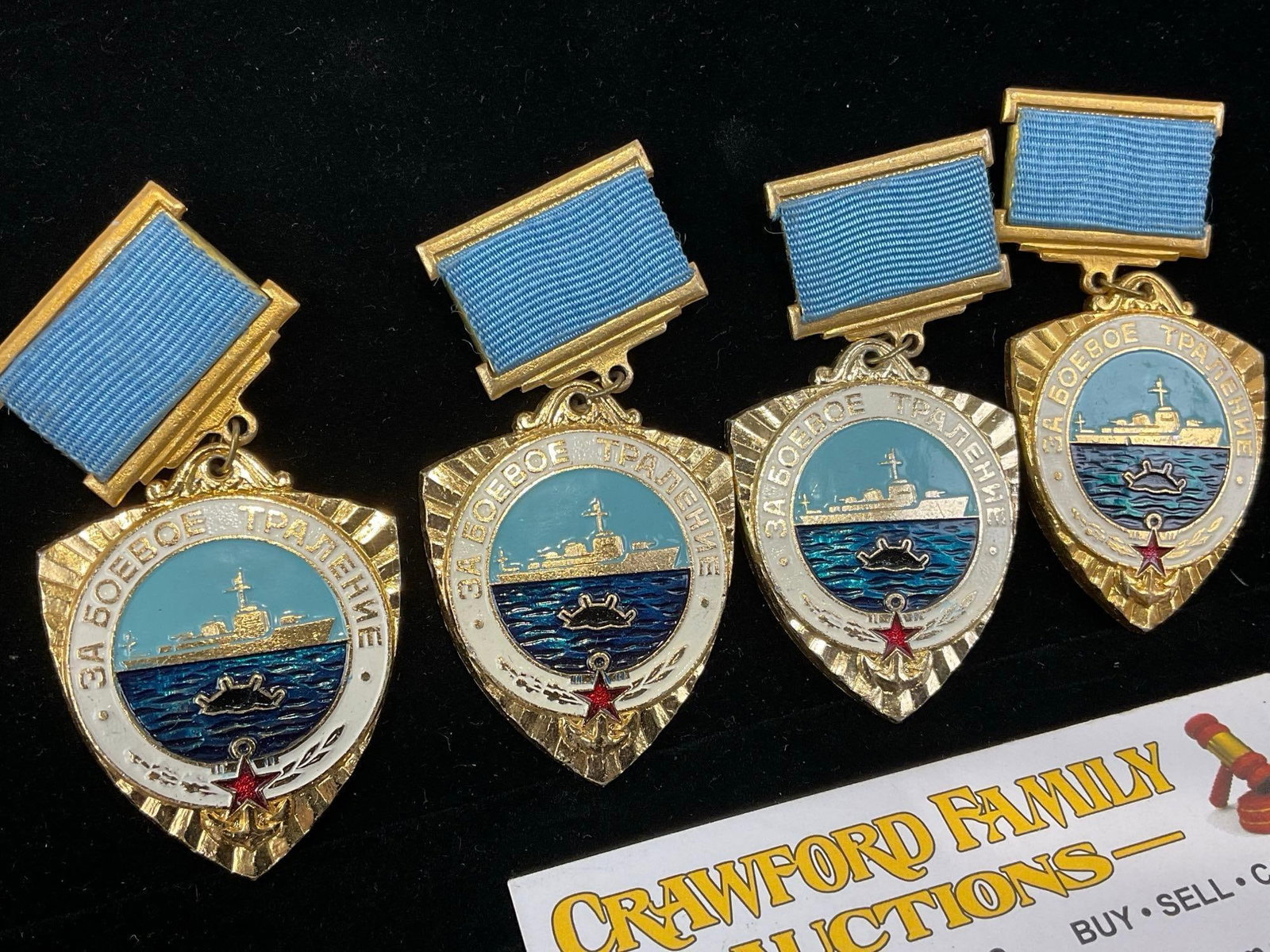 4 Soviet Navy Badges for Combat Minesweeping, 3 silver class & 1 gold class, blue ribbons - 2