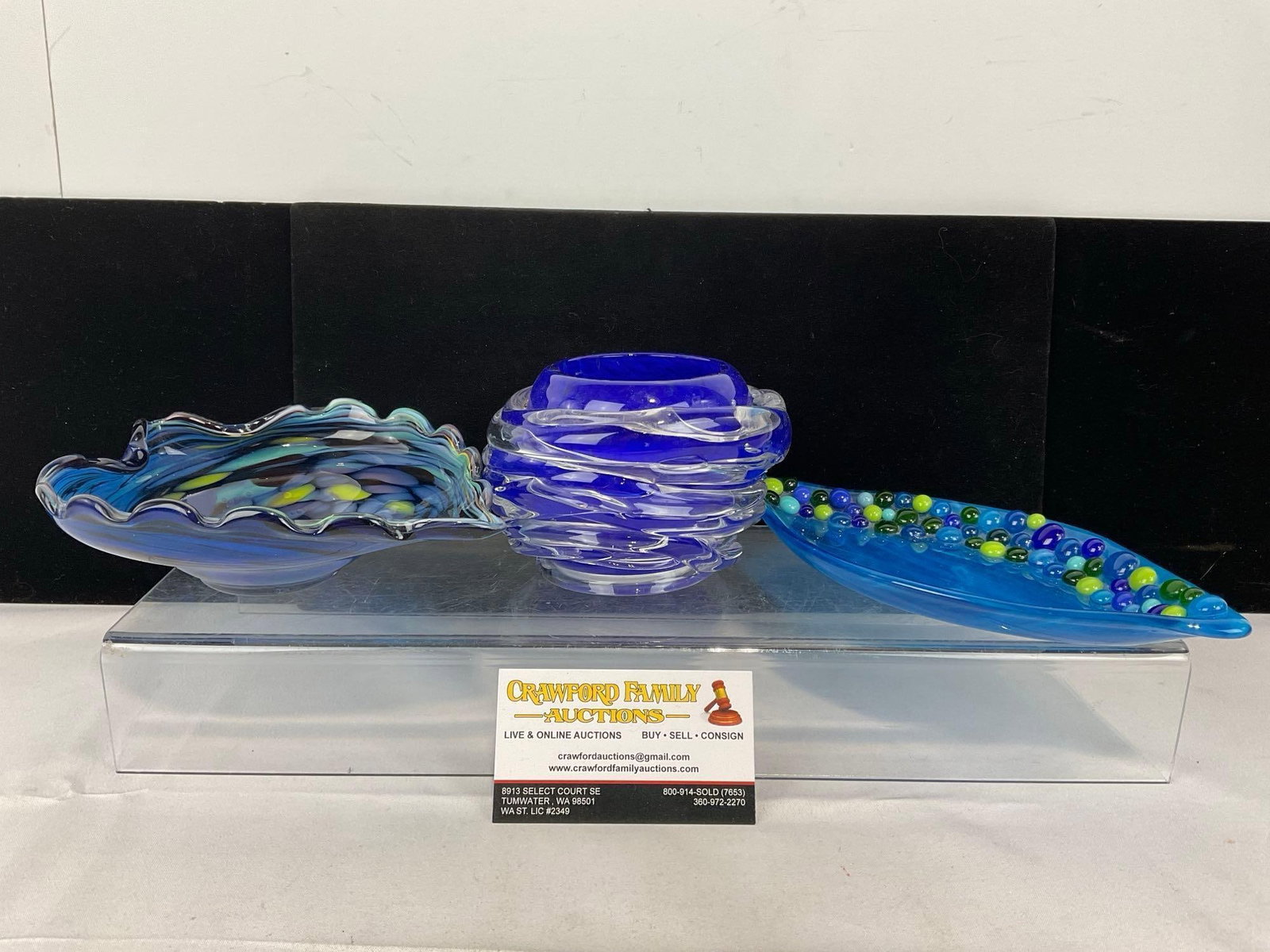 3 Art Glass pcs, Fused Soap Dish, Murano Dish, & Blue Blown Glass Votive Merrilee Moore(?), 2 sig...: Appears to be in good shape. The piece measures approx 3h x 14w x 10d inches. See pics. E-5690 