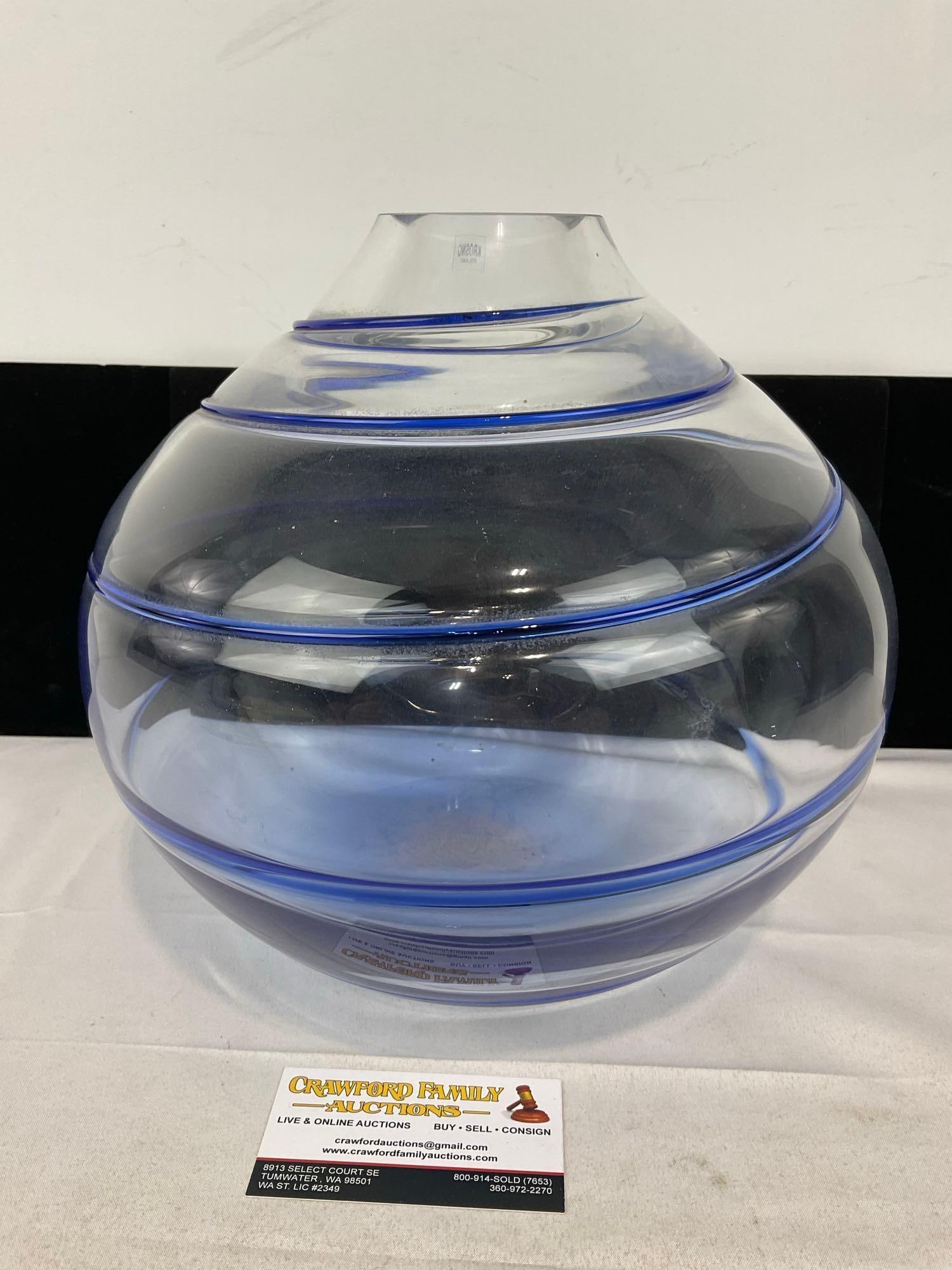 Large Krosno Poland Crystal Vase, Clear w/ Blue Spiral Design, 11h x 11w x 11d inches: Appears to be in good shape. The piece measures approx 11h x 11w x 11d inches. See pics. E-5690 