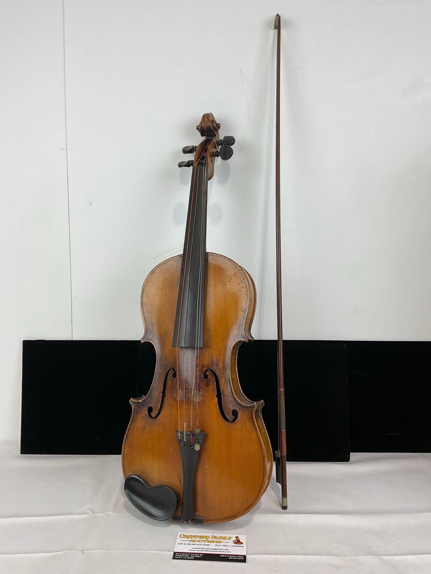 Antique Violin Copy of Antonius Stradivarius, made in Germany, w/MOP inlaid bow, no case (1 of 9)