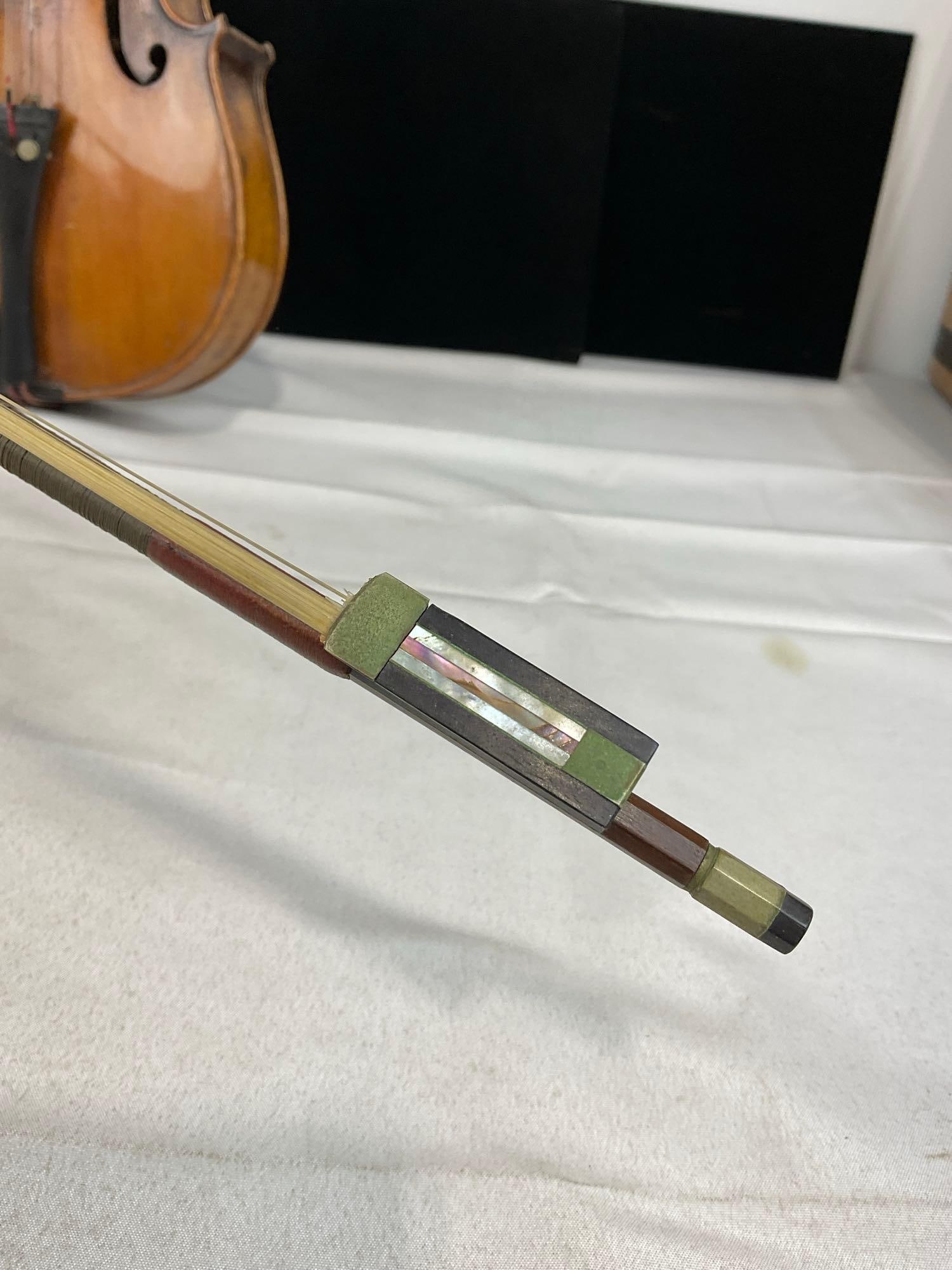 Antique Violin Copy of Antonius Stradivarius, made in Germany, w/MOP inlaid bow, no case - 2