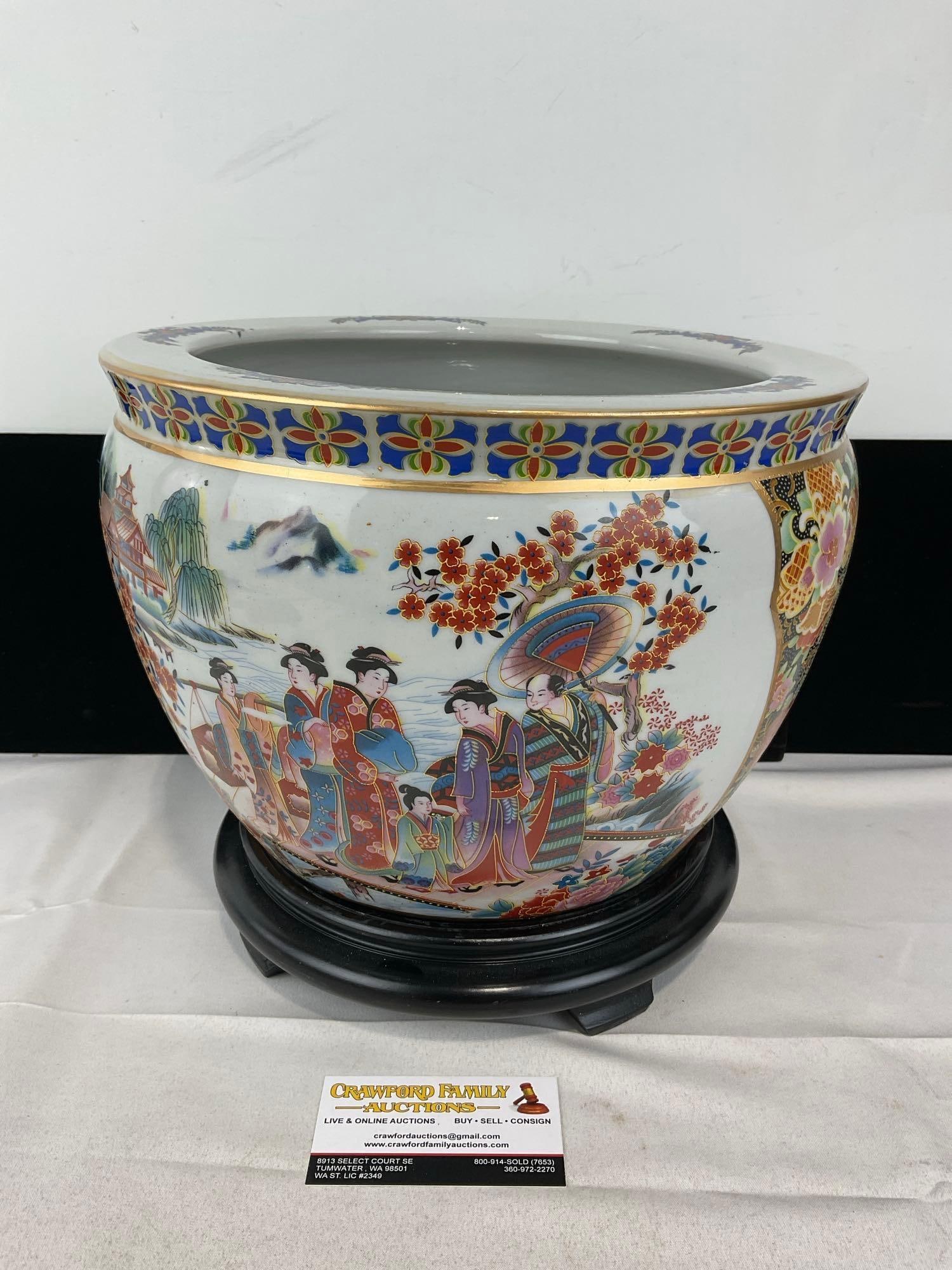 Chinese Porcelain Fishbowl Planter, Satsuma Geisha style, w/wooden stand, 11h x 13w x 13d inches: Appears to be in good shape. The piece measures approx 11h x 13w x 13d inches. See pics. E-5730 
