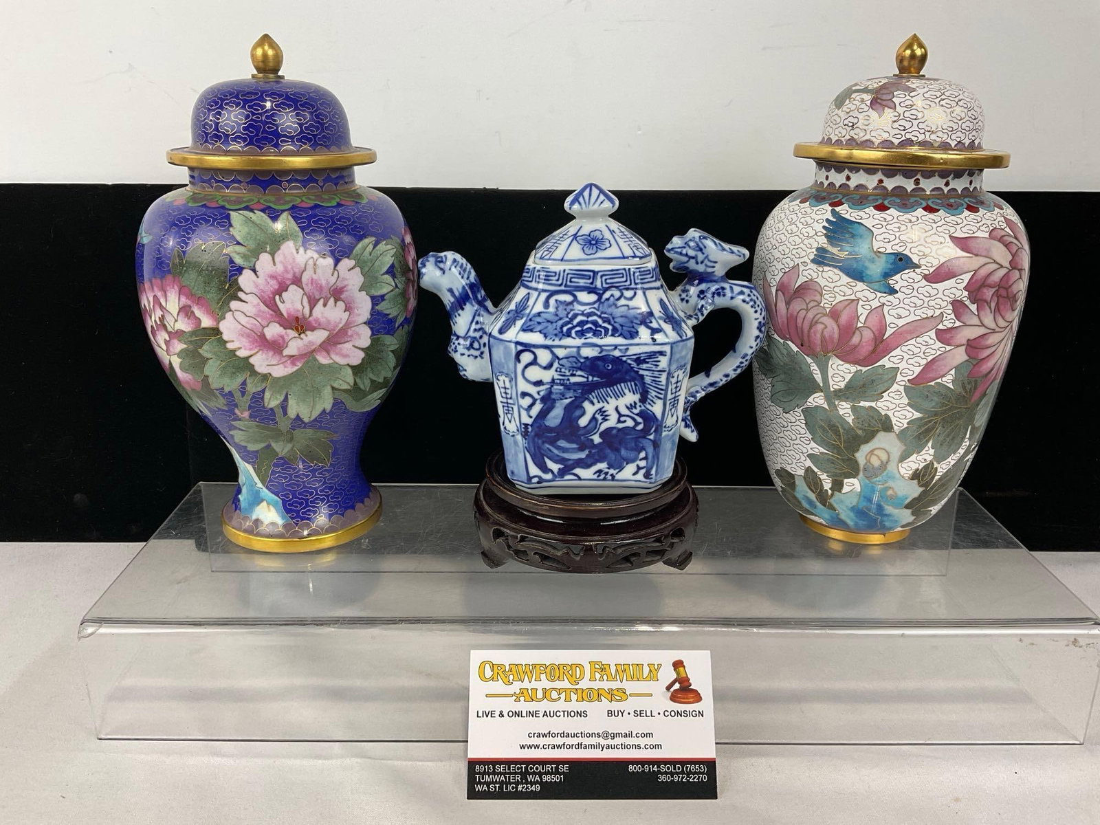 2 Cloisonne Urns, Colorful Floral Designs, Enamel & Brass + Chinese Blue/White Porcelain Teapot (1 of 7)