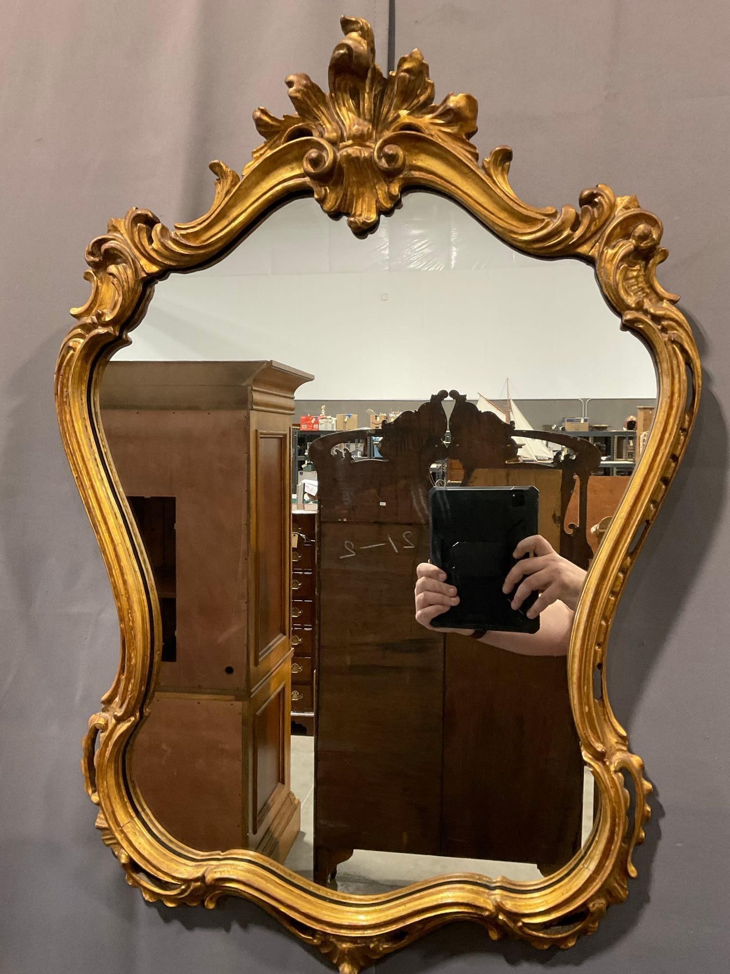 Vintage Giltwood Ornate Leaf Carved Framed Mirror, Rococo style, 34h x 25w x 8d inches (1 of 6)
