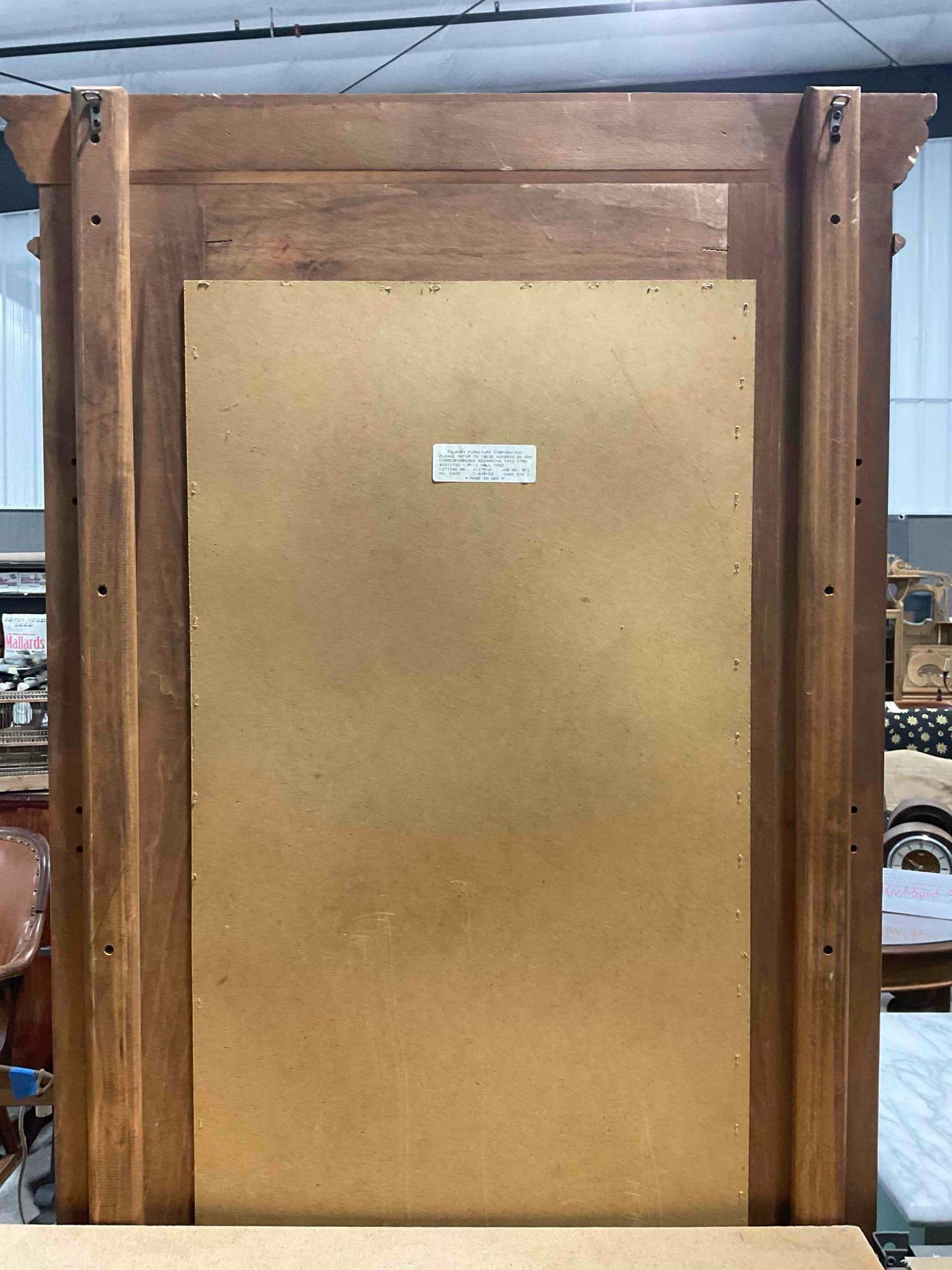 Vintage Pulaski Mahogany? Wood Hall Tree w/ Leather Seat & Mirrored Back. Very Good Cond. - 11