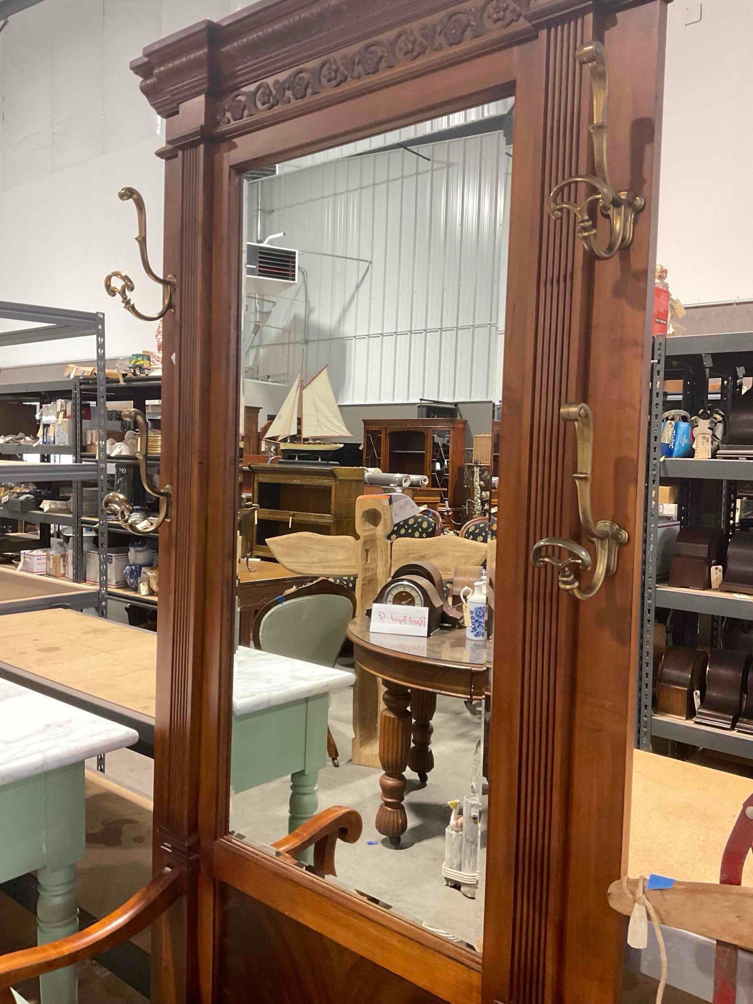 Vintage Pulaski Mahogany? Wood Hall Tree w/ Leather Seat & Mirrored Back. Very Good Cond. - 7