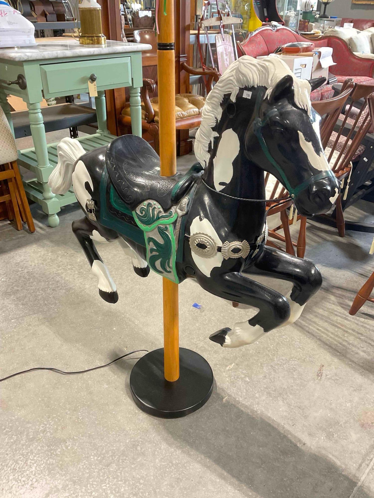 Vintage Floor Lamp w/ Black & White Composite Carousel Horse Design. Tested, Works. See pics. - 2