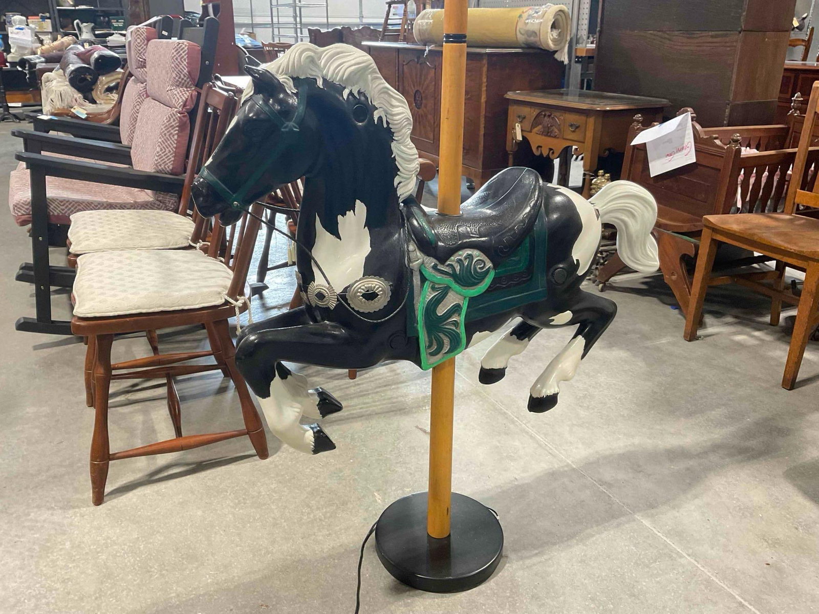 Vintage Floor Lamp w/ Black & White Composite Carousel Horse Design. Tested, Works. See pics. - 6