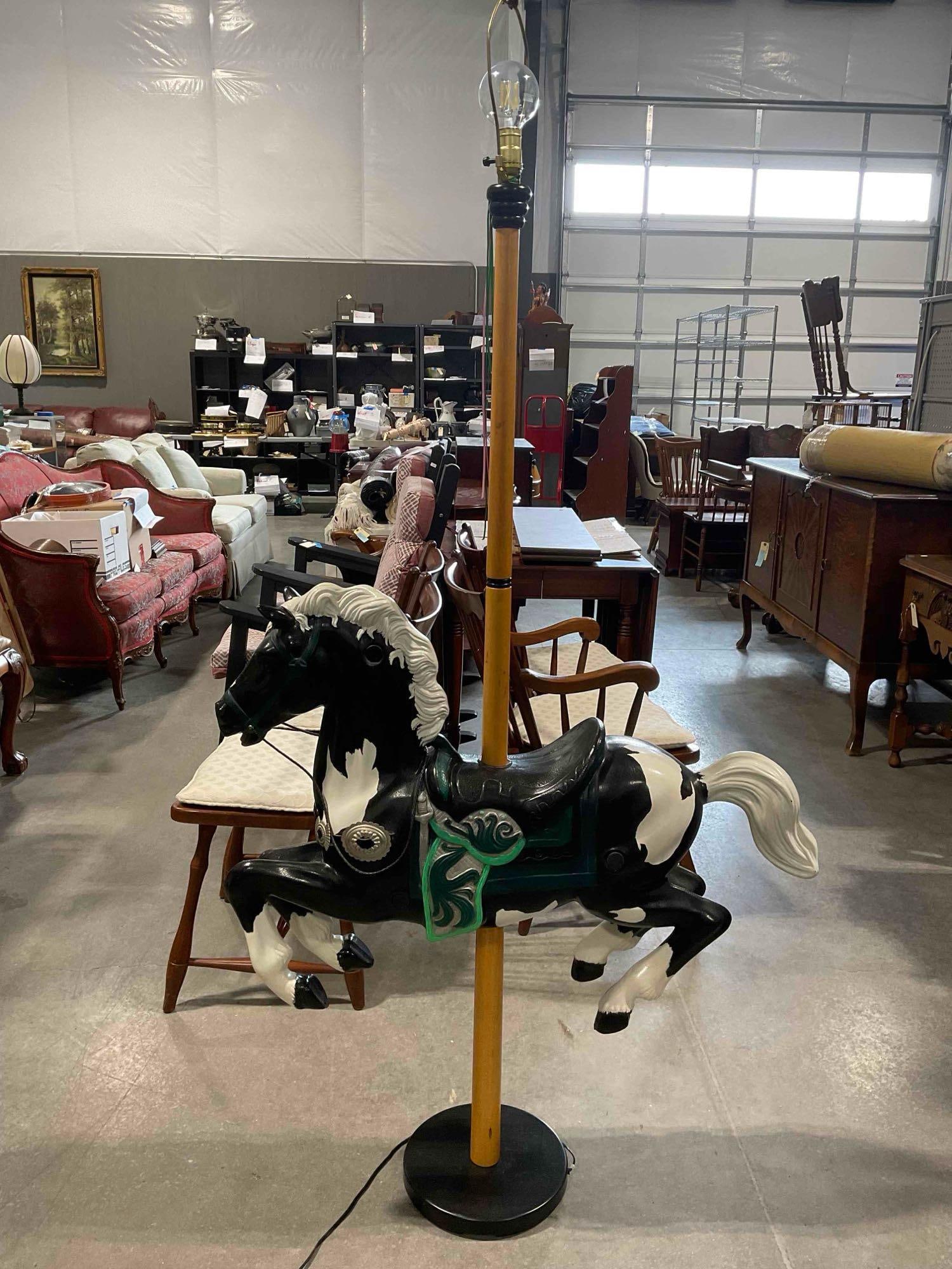 Vintage Floor Lamp w/ Black & White Composite Carousel Horse Design. Tested, Works. See pics. - 7