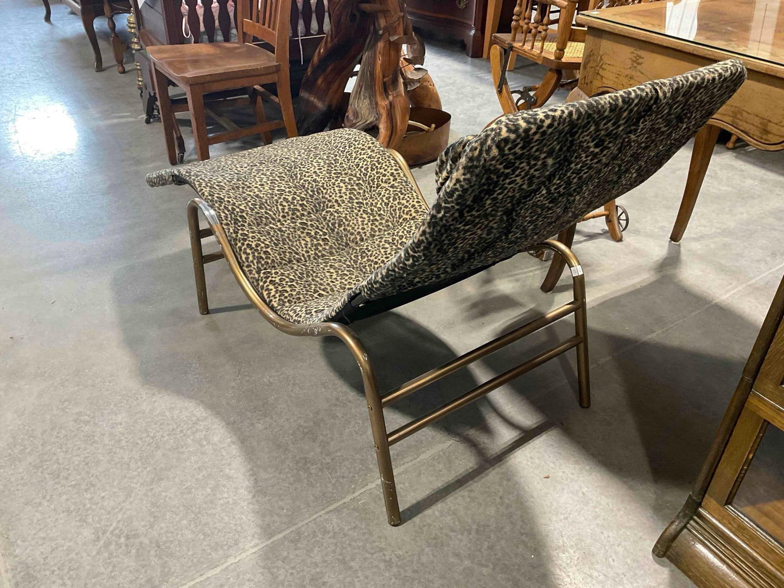 Bronze Colored Metal Lounge Chair w/ Leopard Print Fleece Fabric. Good Condition. See pics. - 2