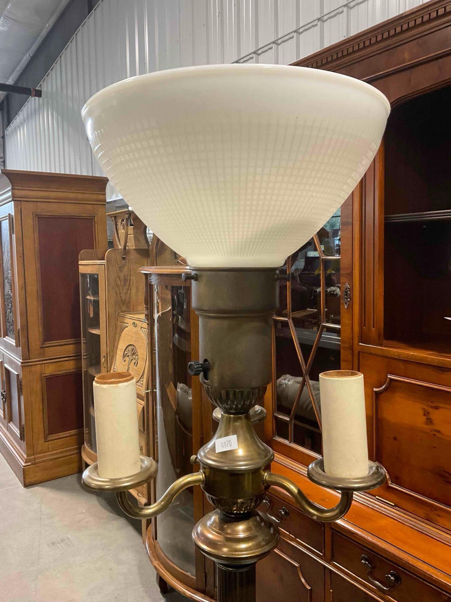 Vintage Art Deco Style 4-Light Torchiere Brass Floor Lamp w/ Milk Glass Shade. Tested, Works. - 2