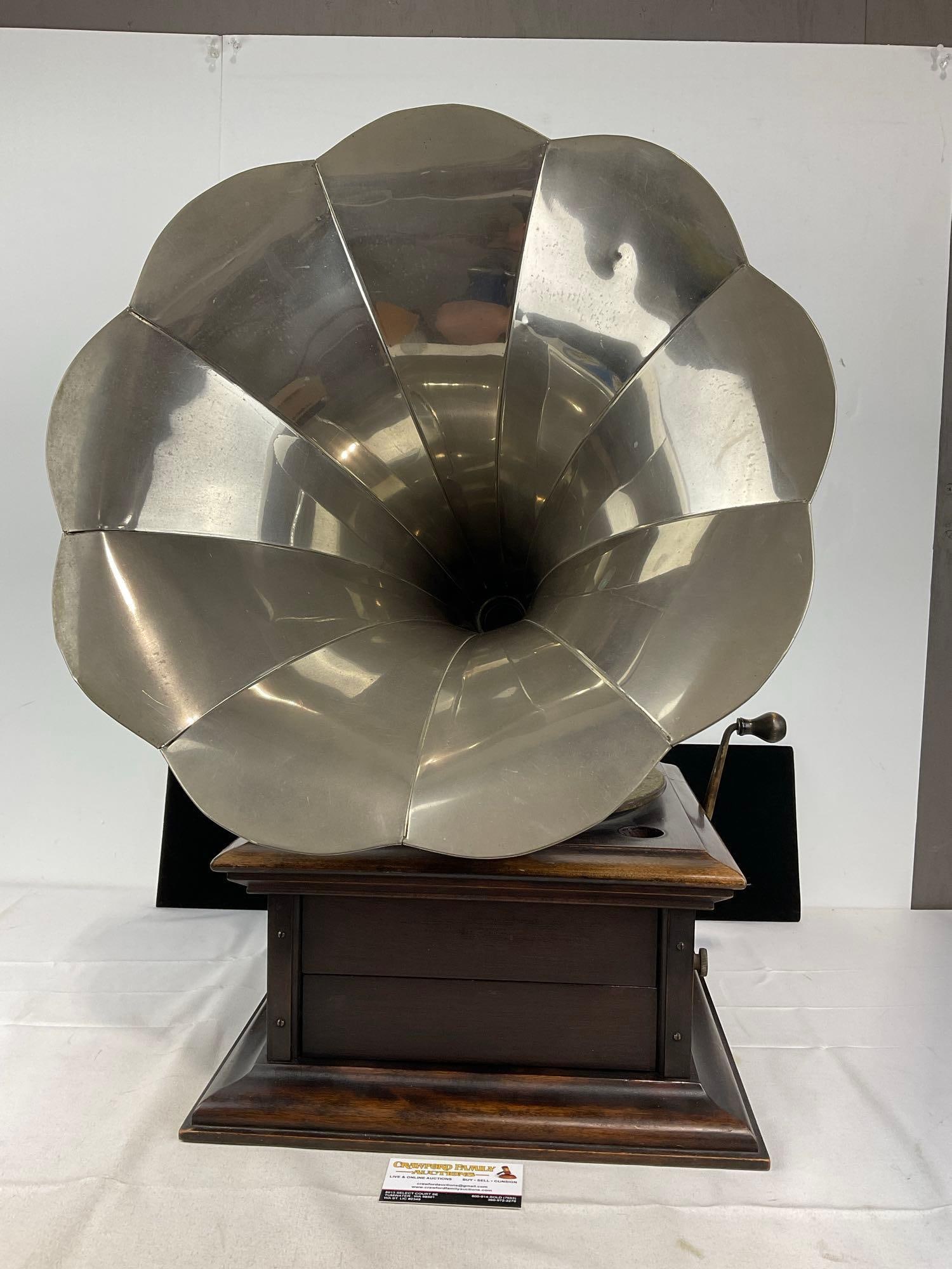 Antique 1910s Columbia Graphophone Phonograph, 9 Panel Nickle Plated Horn, 36h x 21w x 17d inches (1 of 10)