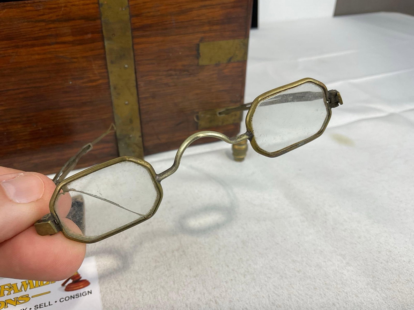 Antique mid 19th Century Wooden Tabletop Desk w/spectacles, Brass inlay, some normal wear & tear - 4