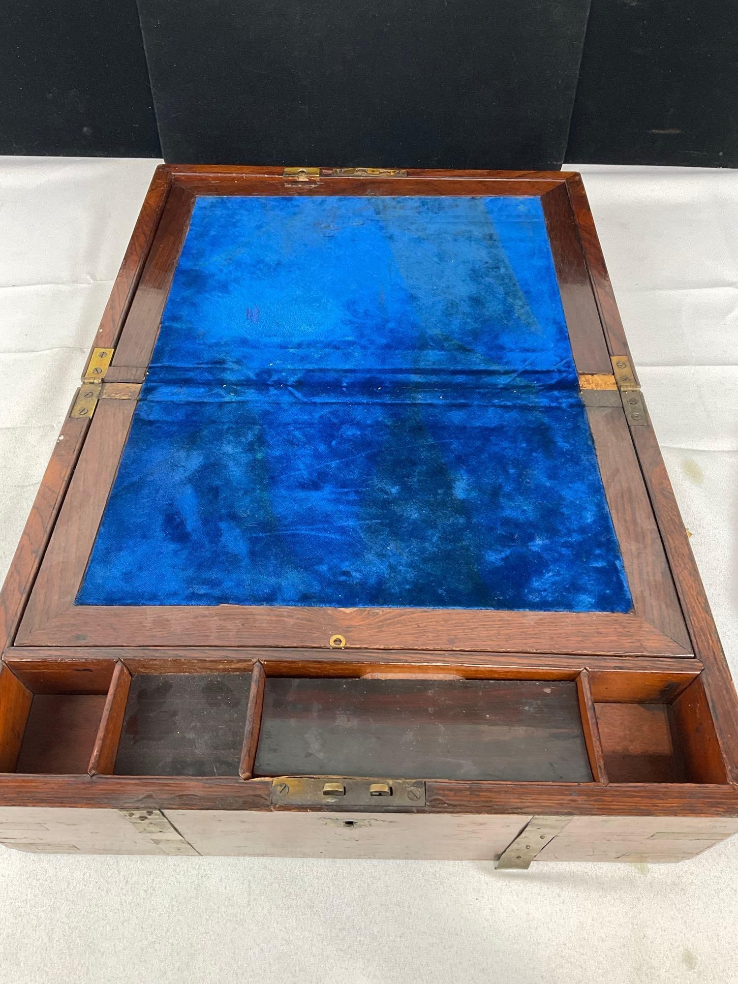 Antique mid 19th Century Wooden Tabletop Desk w/spectacles, Brass inlay, some normal wear & tear - 8