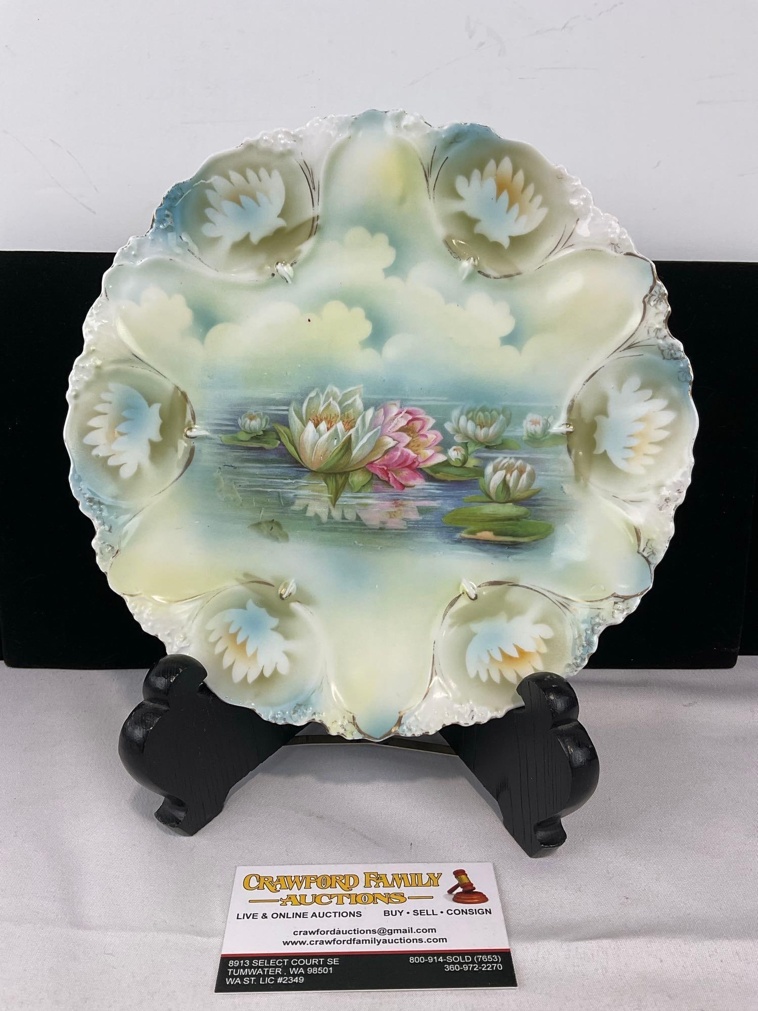 Gorgeous RS Prussia Water Lily Series 1895-1900 Oyster Plate, 6 well, handpainted porcelain, 2x10...: Appears to be in good shape. The piece measures approx 2h x 10w x 10d inches. See pics. E-5730 