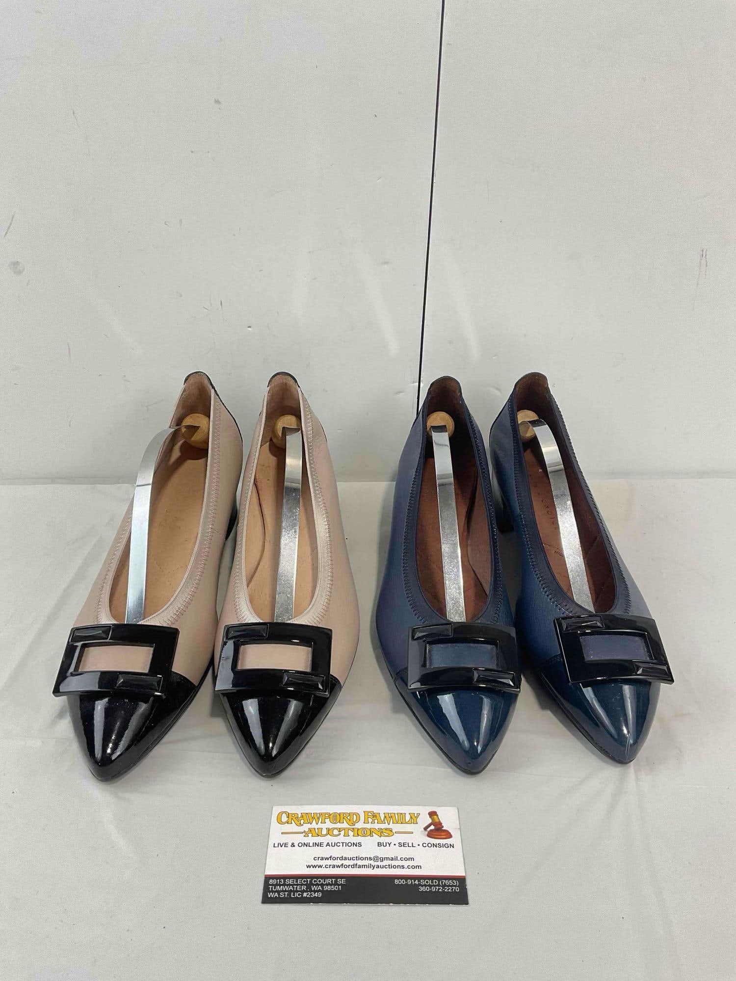 2 Pairs Hispanitas Made in Spain Leather Ladies Shoes Size 39.5, Navy Blue & Nude. See pics.: 2 Pairs Hispanitas Made in Spain Leather Ladies Shoes Size 39.5, ( US size - 8.5-9) Navy Blue & Nude. With black patent leather details and composite buckles. Minor wear indicative of
