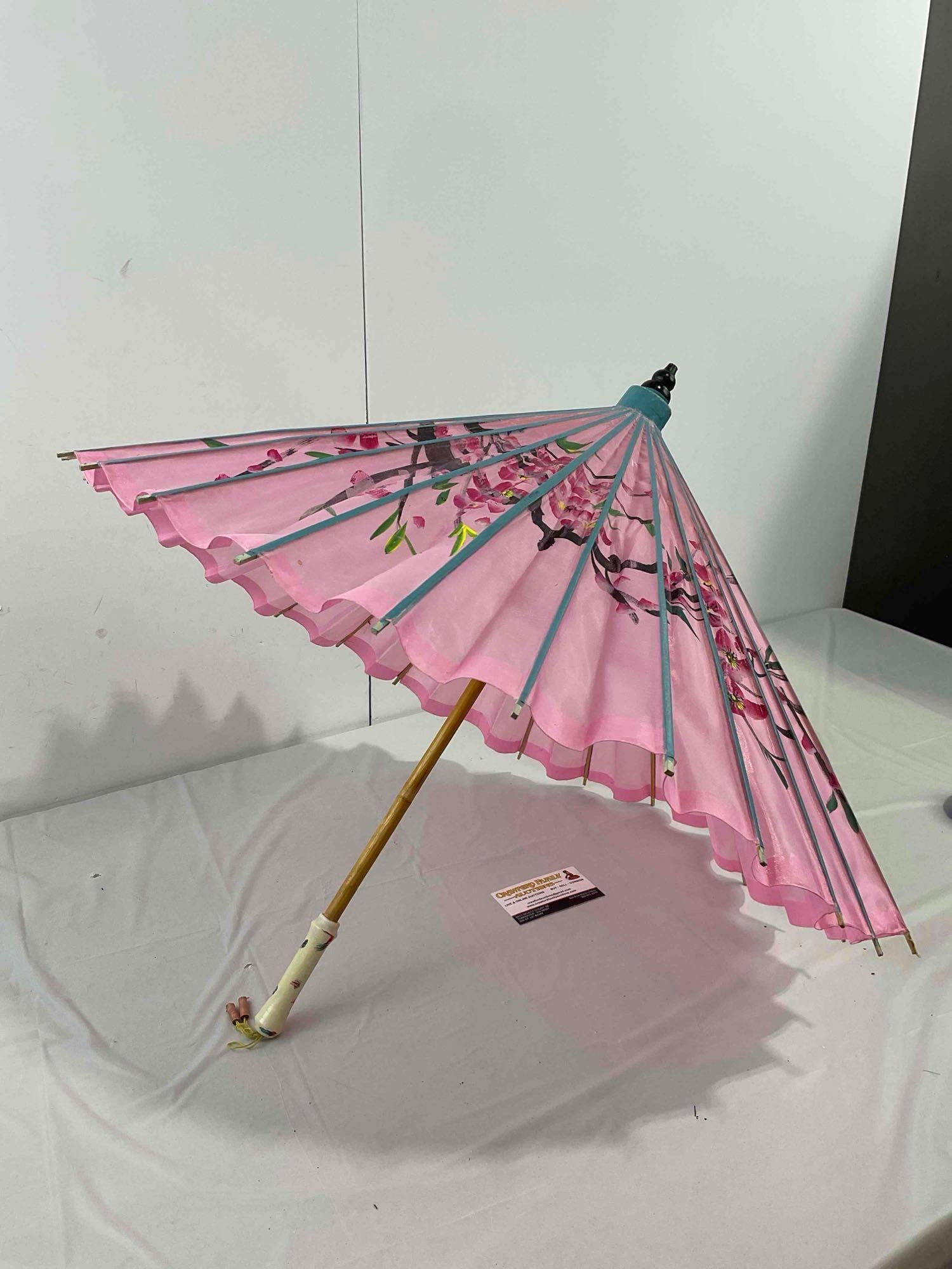 Vintage Hand Painted Bamboo Parasol w/ Pink Fabric & Blue Details. Good Condition. See pics. - 2